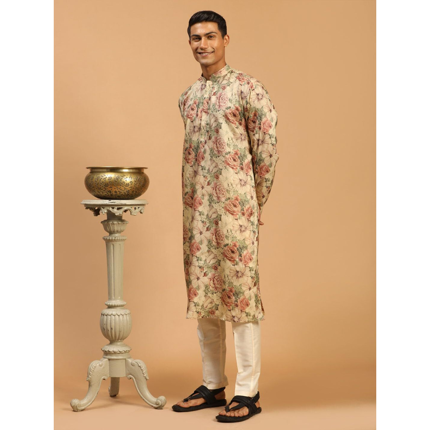 VASTRAMAY Men's Silk Mix Cream Kurta And Brown Pyjama Set_VASMK159nPANT002CR_38