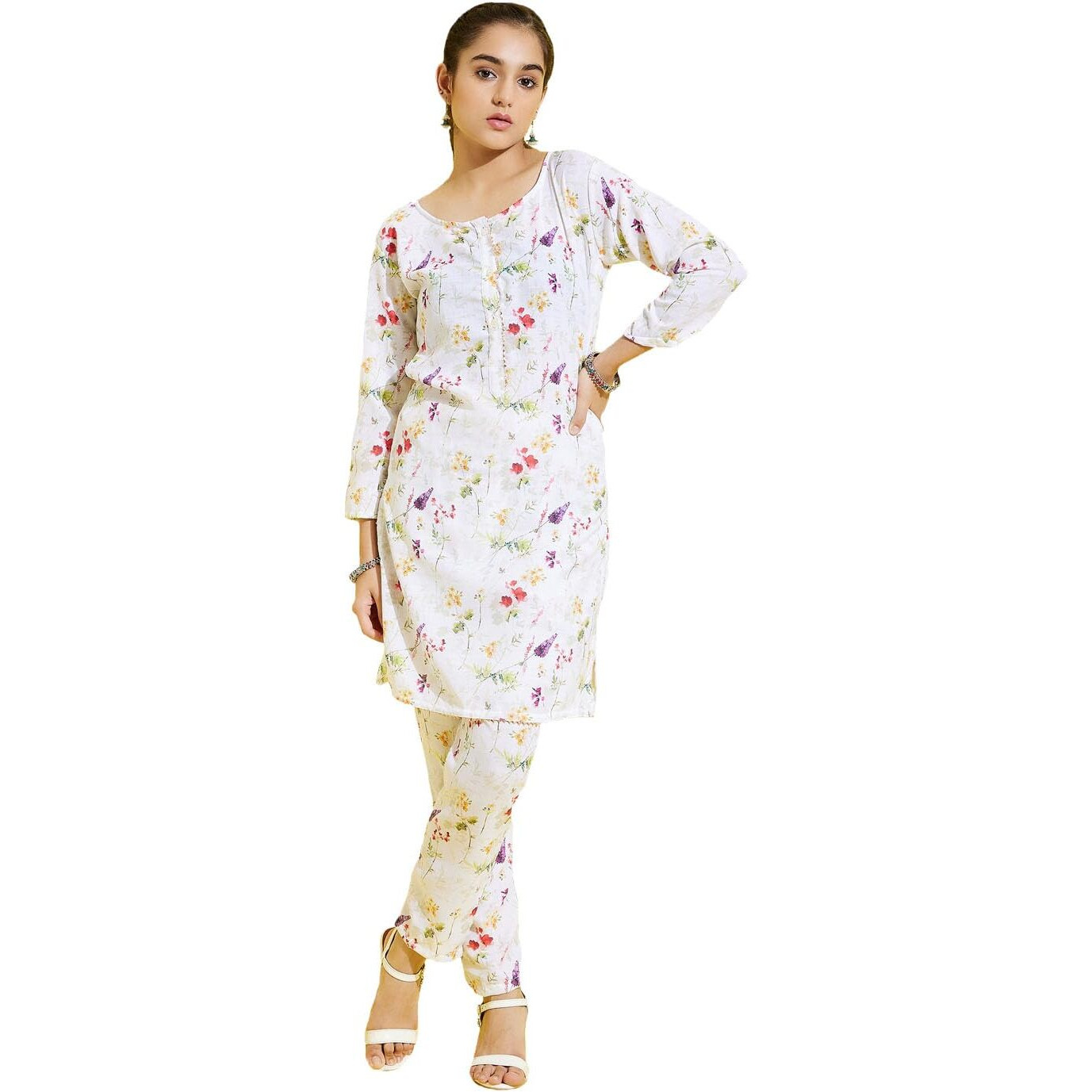 VASTRAMAY YUVA Girls' Multicolor-Base-Cream Kurta and Pant Set_VYUVGK089CRnP_36
