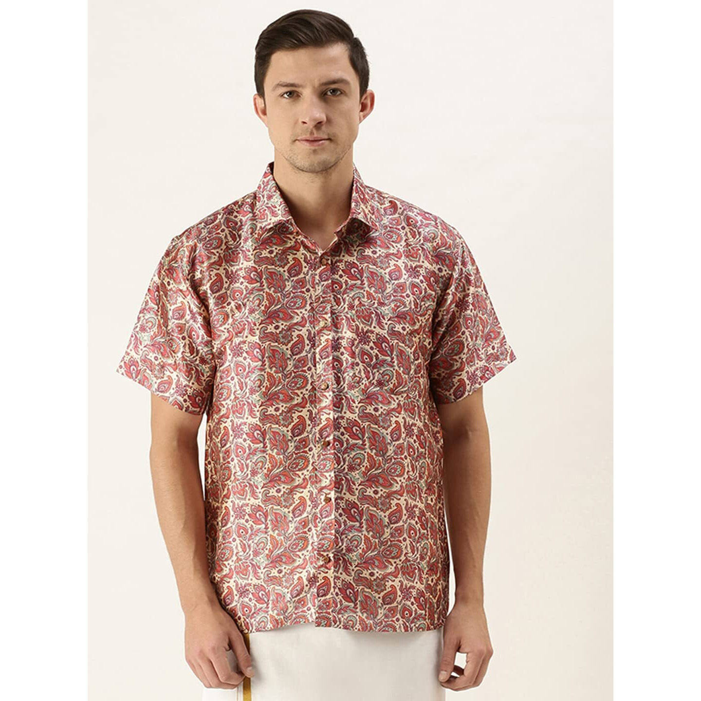 VASTRAMAY Men's Multicolor-Base-Pink Silk Blend Ethnic Shirt_VASMSH021MC_42