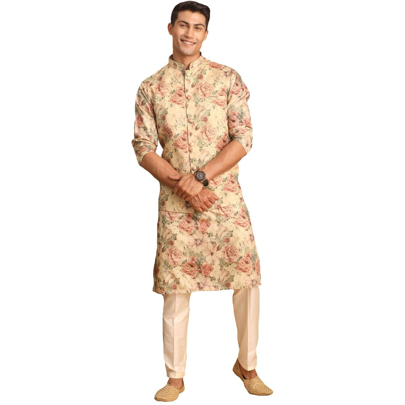 VASTRAMAY Classic Flower Print Silk Blend Printed Nehru Jacket with Kurta and Pant Style Pyjama Elegant Ethnic Wear for Men