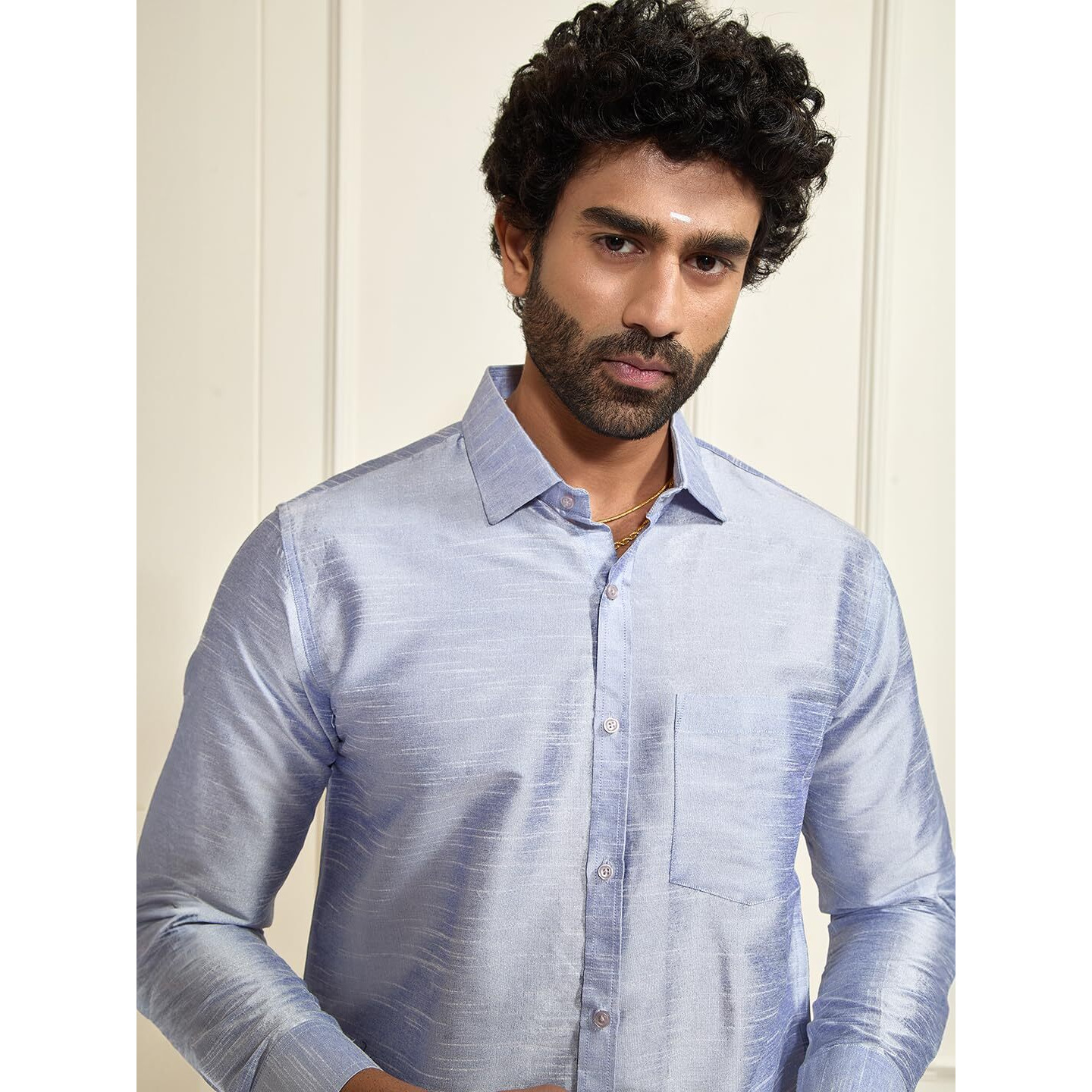 VASTRAMAY Men's Powder Blue Silk Blend Ethnic South Indian Shirt | Full Sleeves Traditional Chennai Style