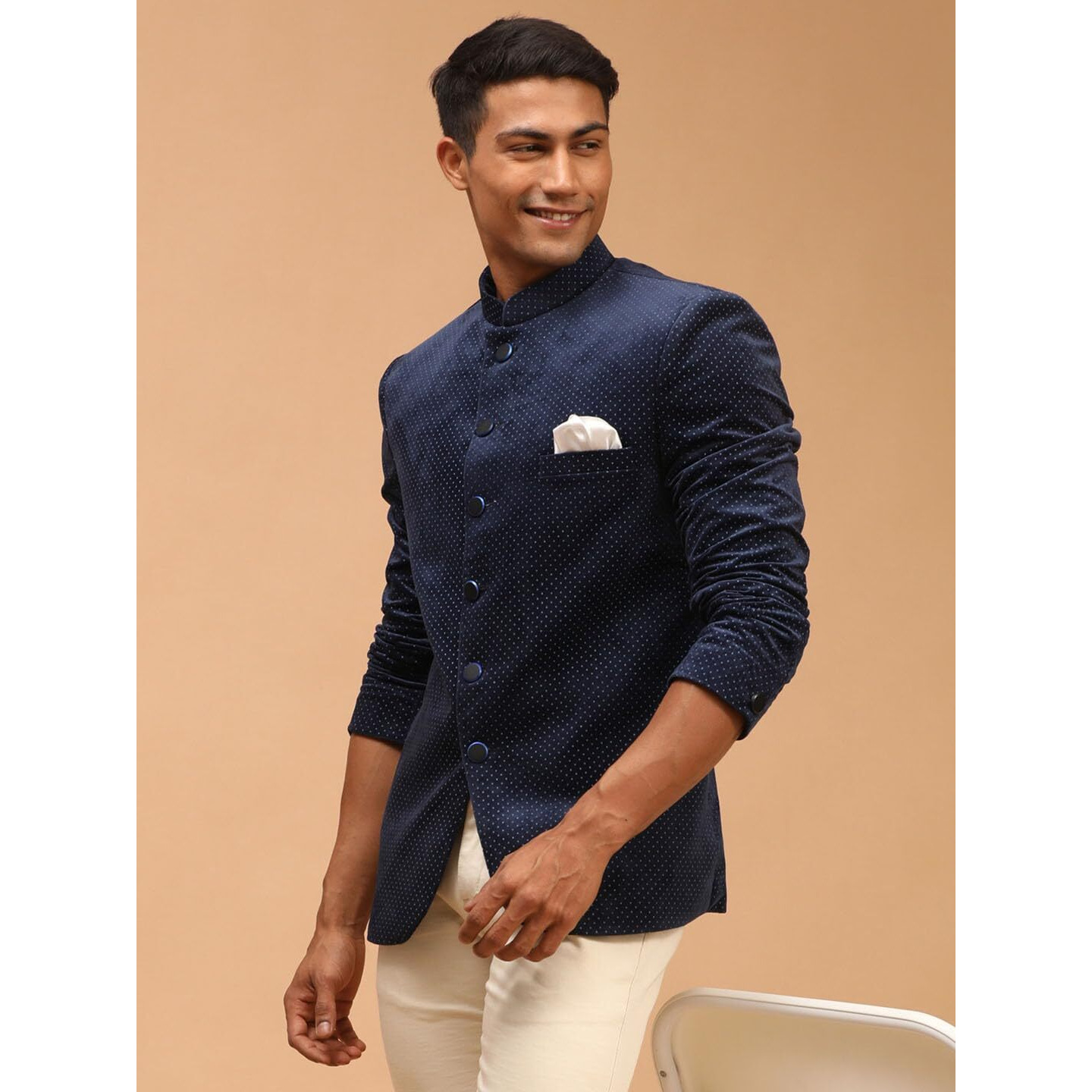 VASTRAMAY Men's Blue Velvet Jodhpuri | Velvet Polka Dot Jodhpuri Coat. The Threads of The Fabric Is Woven Tightly And Has A Long Lasting Sheen, This Jodhpuri Is Deservingly Called Prince Coat.