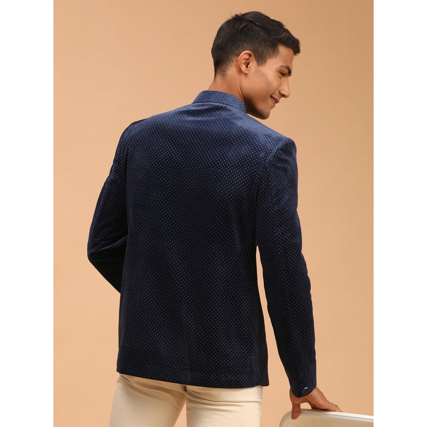 VASTRAMAY Men's Blue Velvet Jodhpuri | Velvet Polka Dot Jodhpuri Coat. The Threads of The Fabric Is Woven Tightly And Has A Long Lasting Sheen, This Jodhpuri Is Deservingly Called Prince Coat.