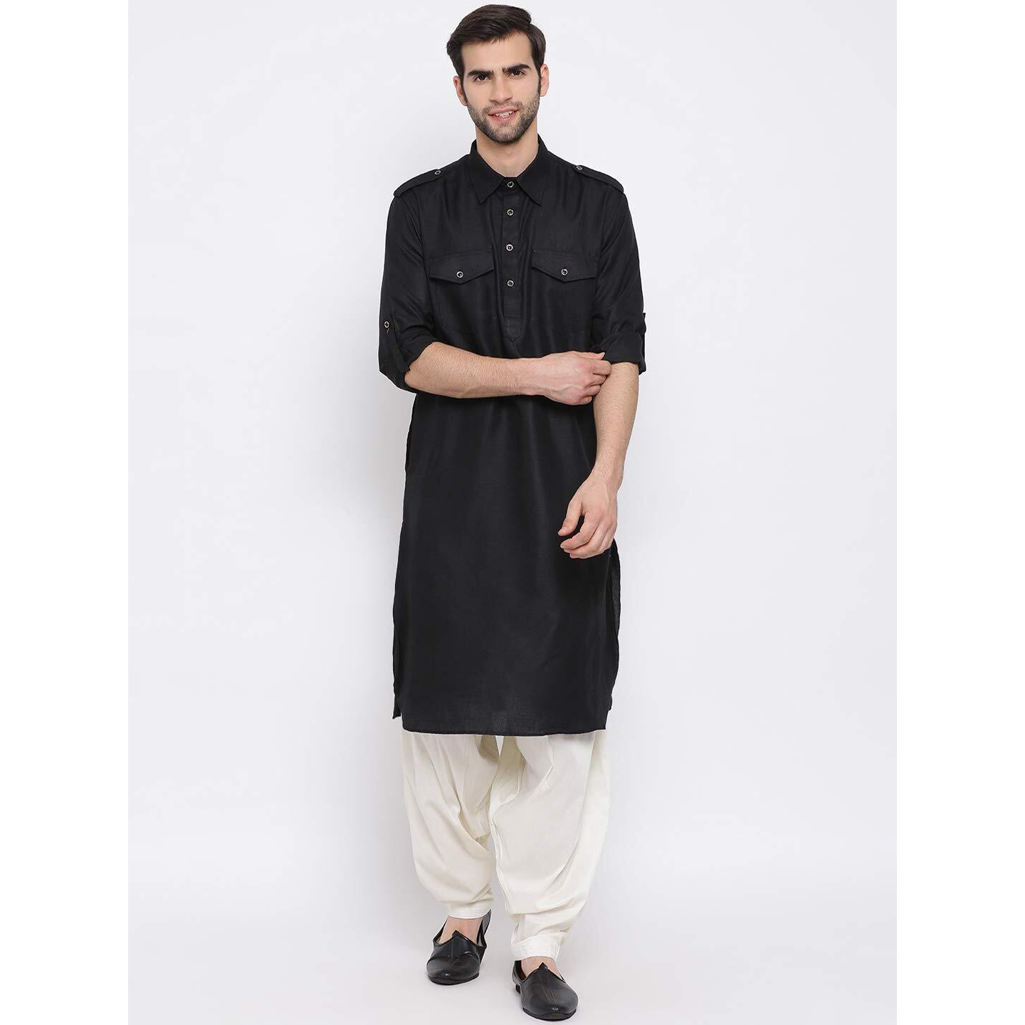VASTRAMAY Men's Black Cotton Blend Pathani Kurta & Patiala Set_VASMPT003BLnPTYCR_36