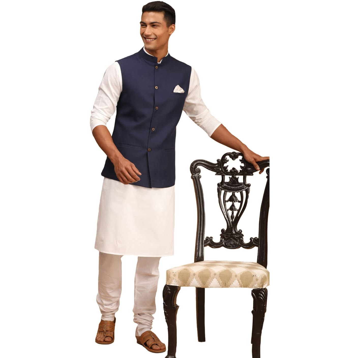 VASTRAMAY Men's Navy Blue And White Cotton Blend Jacket, Kurta and Pyjama Set-VASMJ061NBnK007WHnPCWH_38