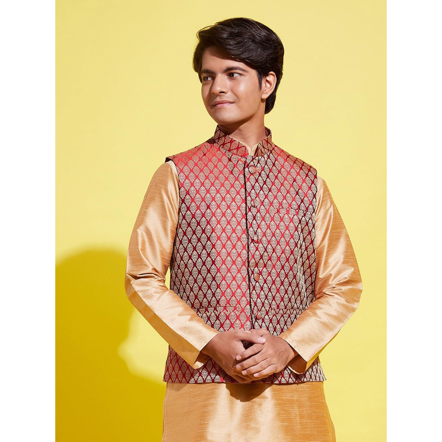 VASTRAMAY JBN Creation Boys' Maroon and Gold Silk Blend Nehru Jacket_VYUVBJMA005_36