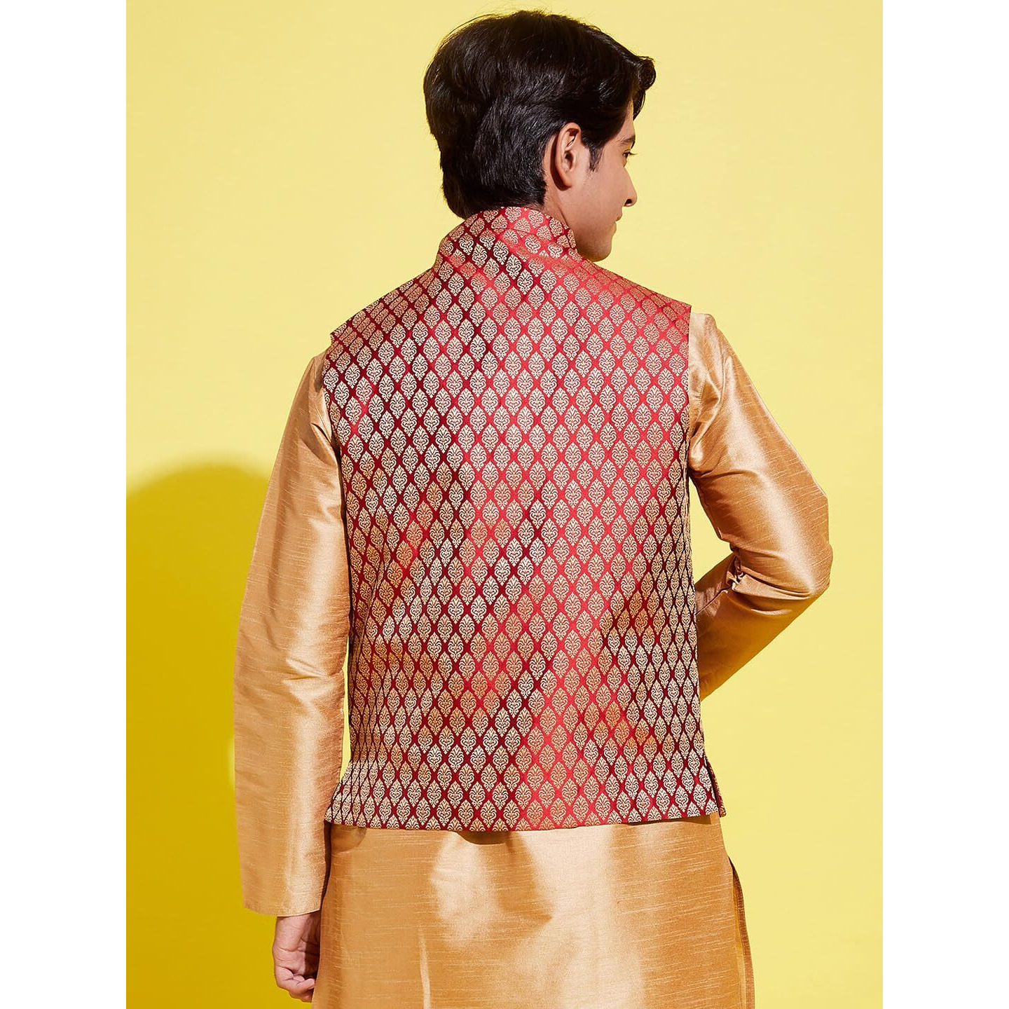 VASTRAMAY JBN Creation Boys' Maroon and Gold Silk Blend Nehru Jacket_VYUVBJMA005_36