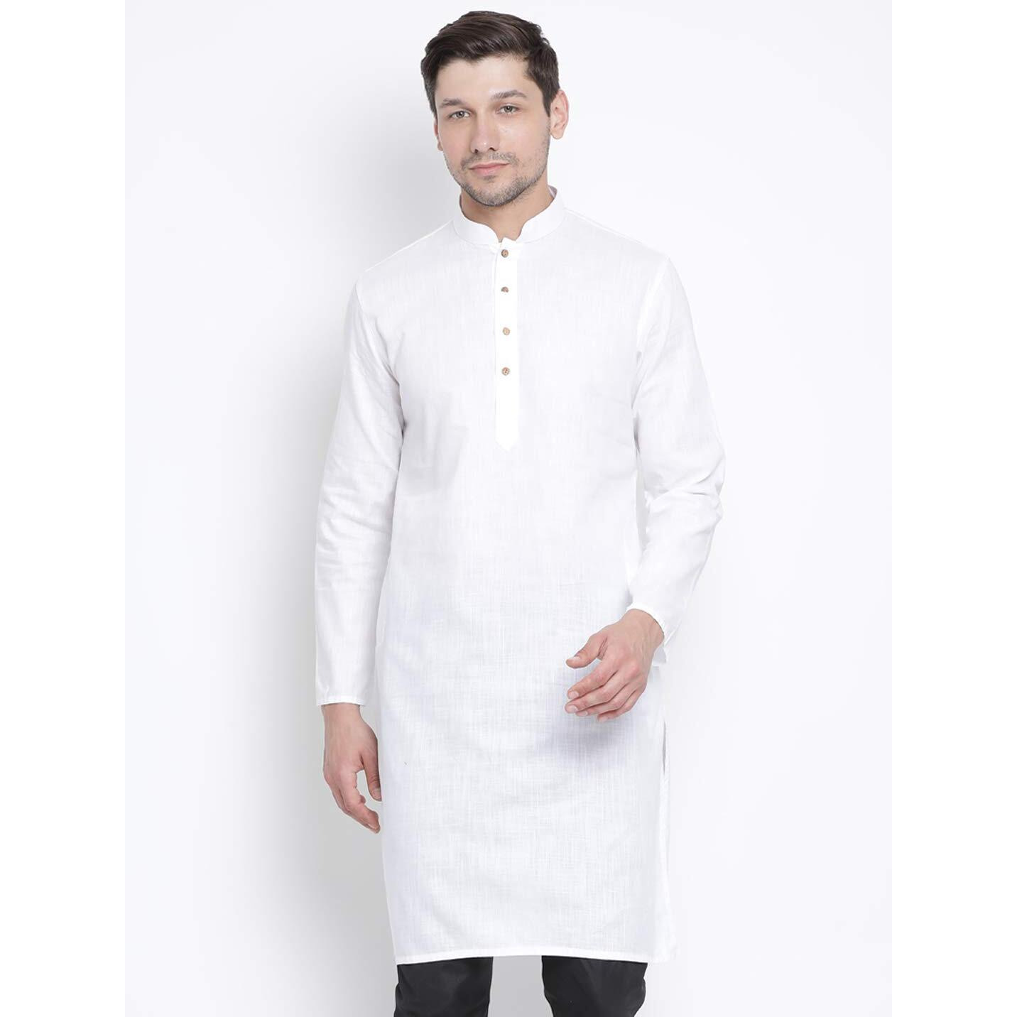 VASTRAMAY Men's White Cotton Linen Blend Kurta  Festive Ethnic Wear For Ethnic & Festive Occasions, Weddings & Special Occasions, Comfortable & Stylish