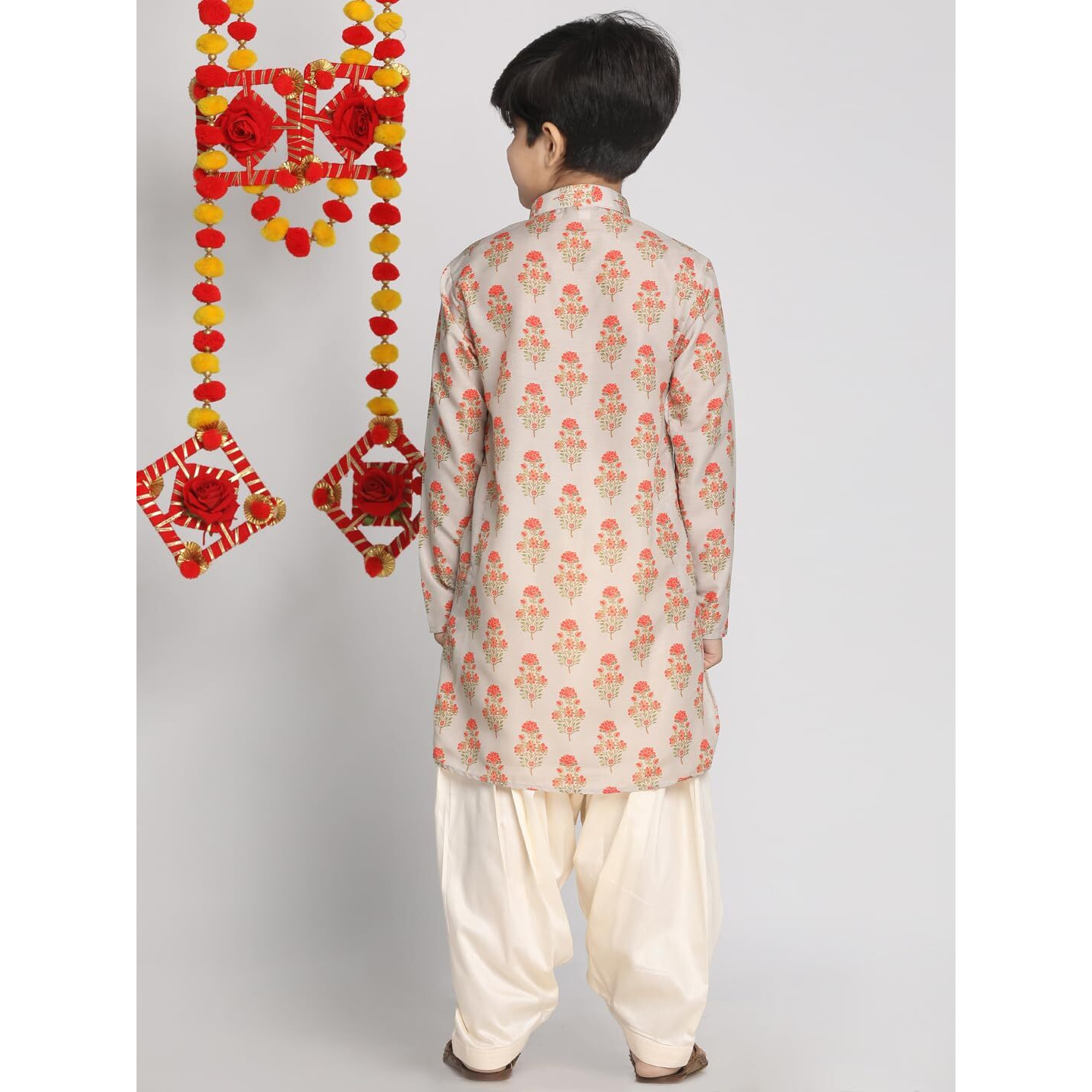 VASTRAMAY Boys' Beige & Cream Muslin Kurta Patiala Set  Digital Floral Print, Eid Special Ethnic Wear