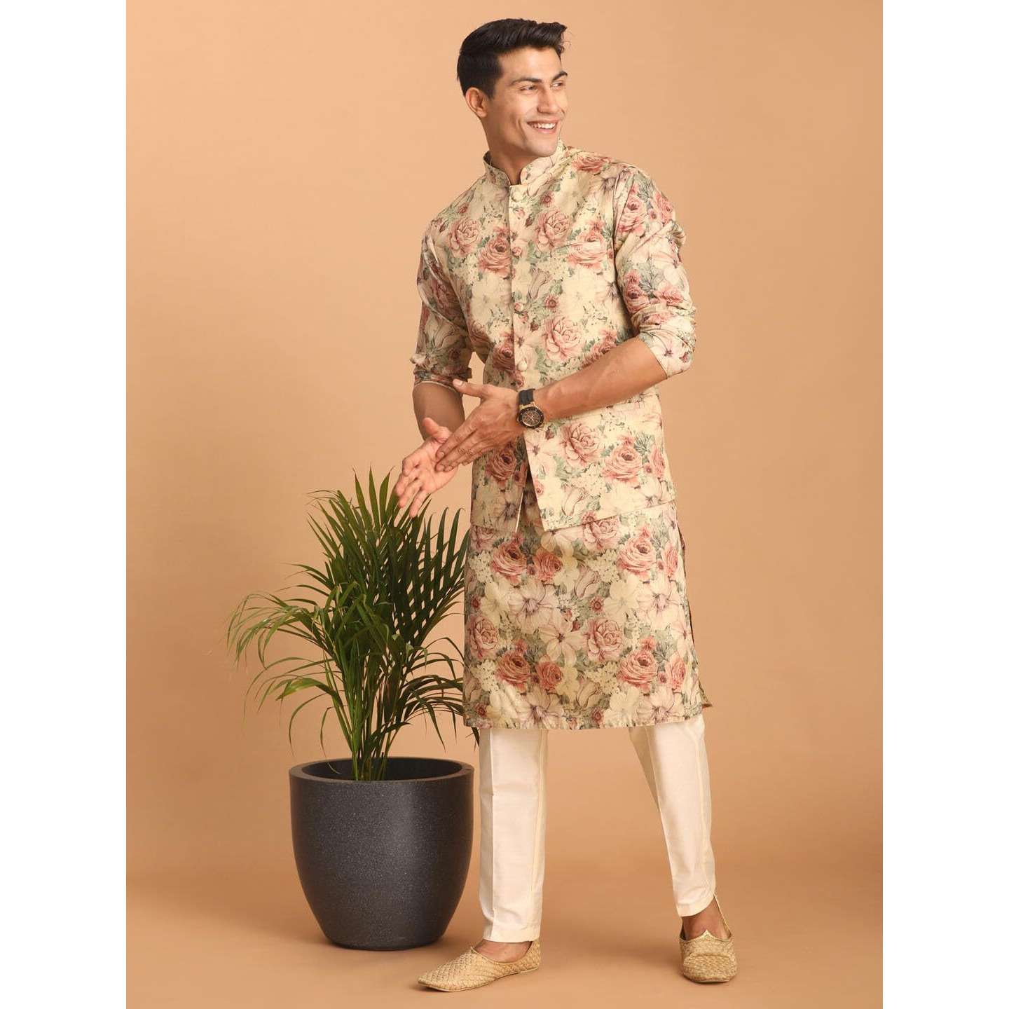 VASTRAMAY Classic Flower Print Silk Blend Printed Nehru Jacket with Kurta and Pant Style Pyjama Elegant Ethnic Wear for Men