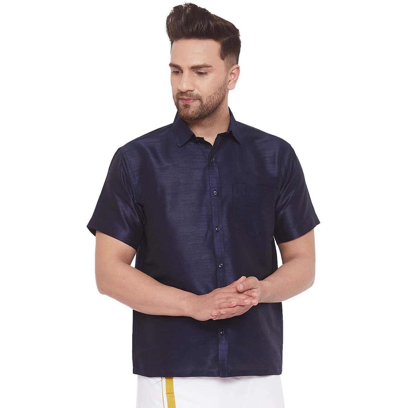 VASTRAMAY Men's Navy Blue Silk Blend Ethnic South Indian Shirt | Half Sleeves Traditional Chennai Style