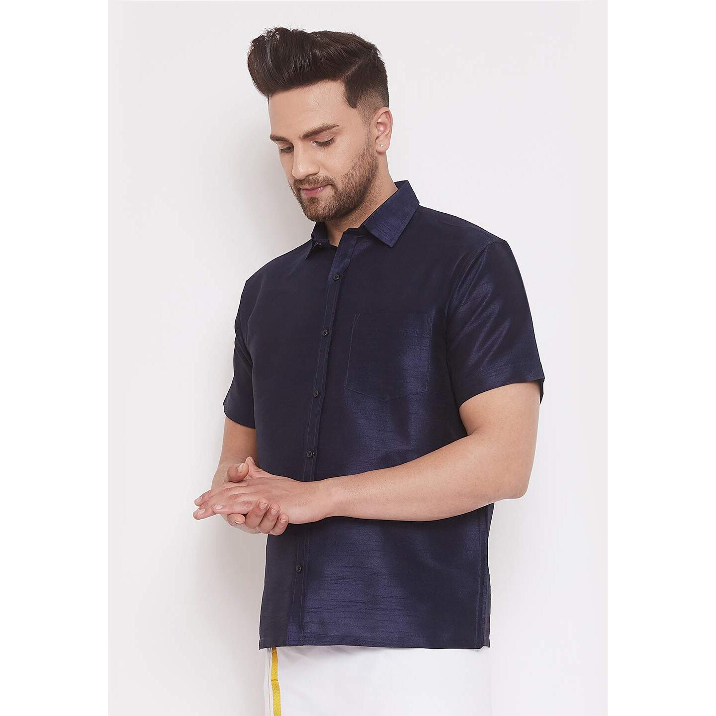 VASTRAMAY Men's Navy Blue Silk Blend Ethnic South Indian Shirt | Half Sleeves Traditional Chennai Style