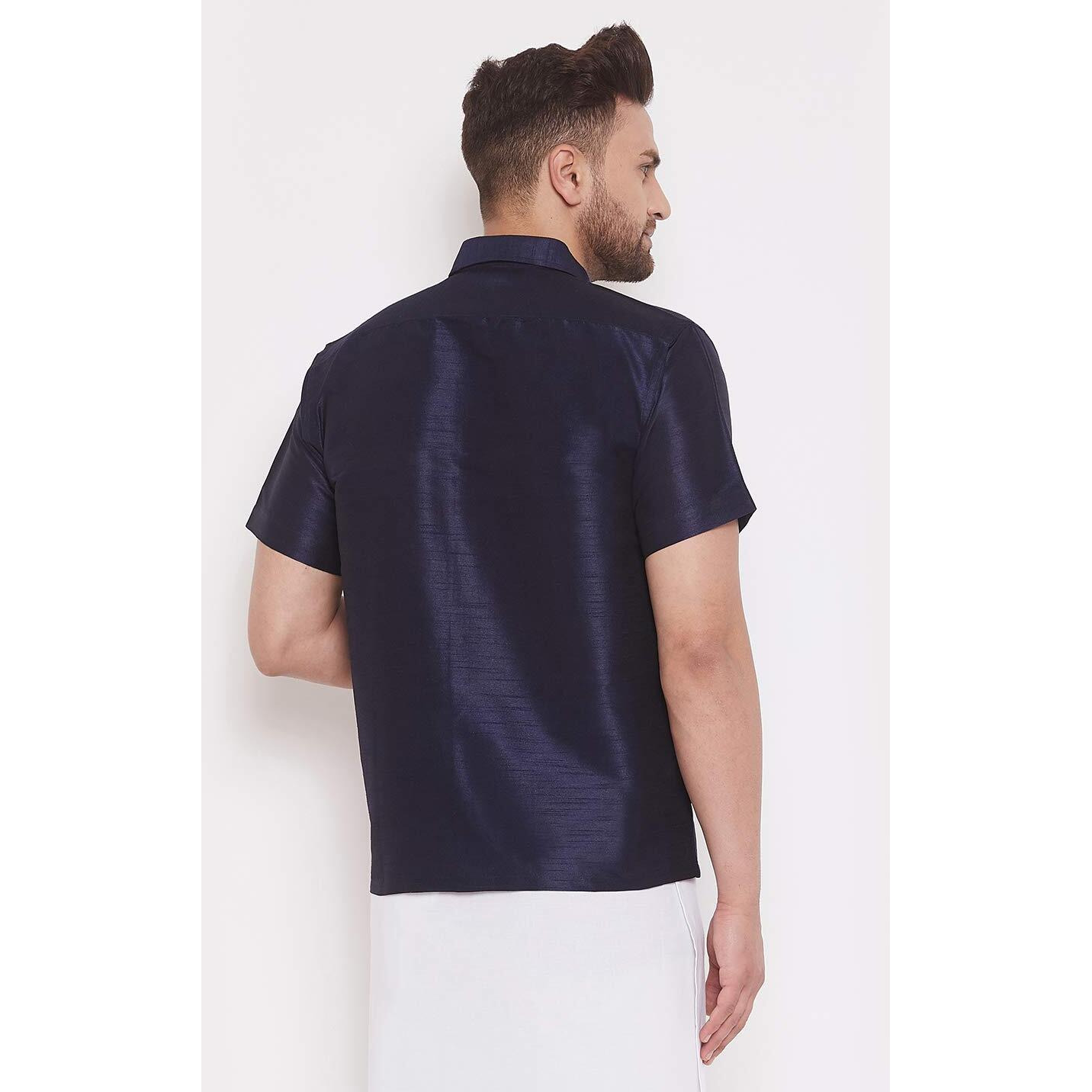 VASTRAMAY Men's Navy Blue Silk Blend Ethnic South Indian Shirt | Half Sleeves Traditional Chennai Style