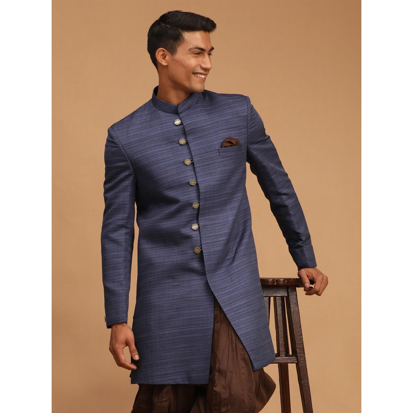 VASTRAMAY Men's Navy Blue Silk Blend Sherwani Only Top_VASMIW032NB_40