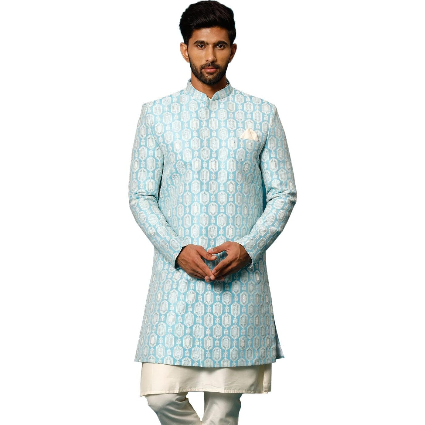 VASTRAMAY Men's Blue Silk Blend Sherwani Only Top_VASMIW252BU_42