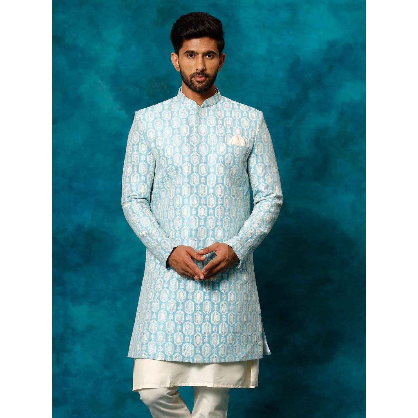 VASTRAMAY Men's Blue Silk Blend Sherwani Only Top_VASMIW252BU_42