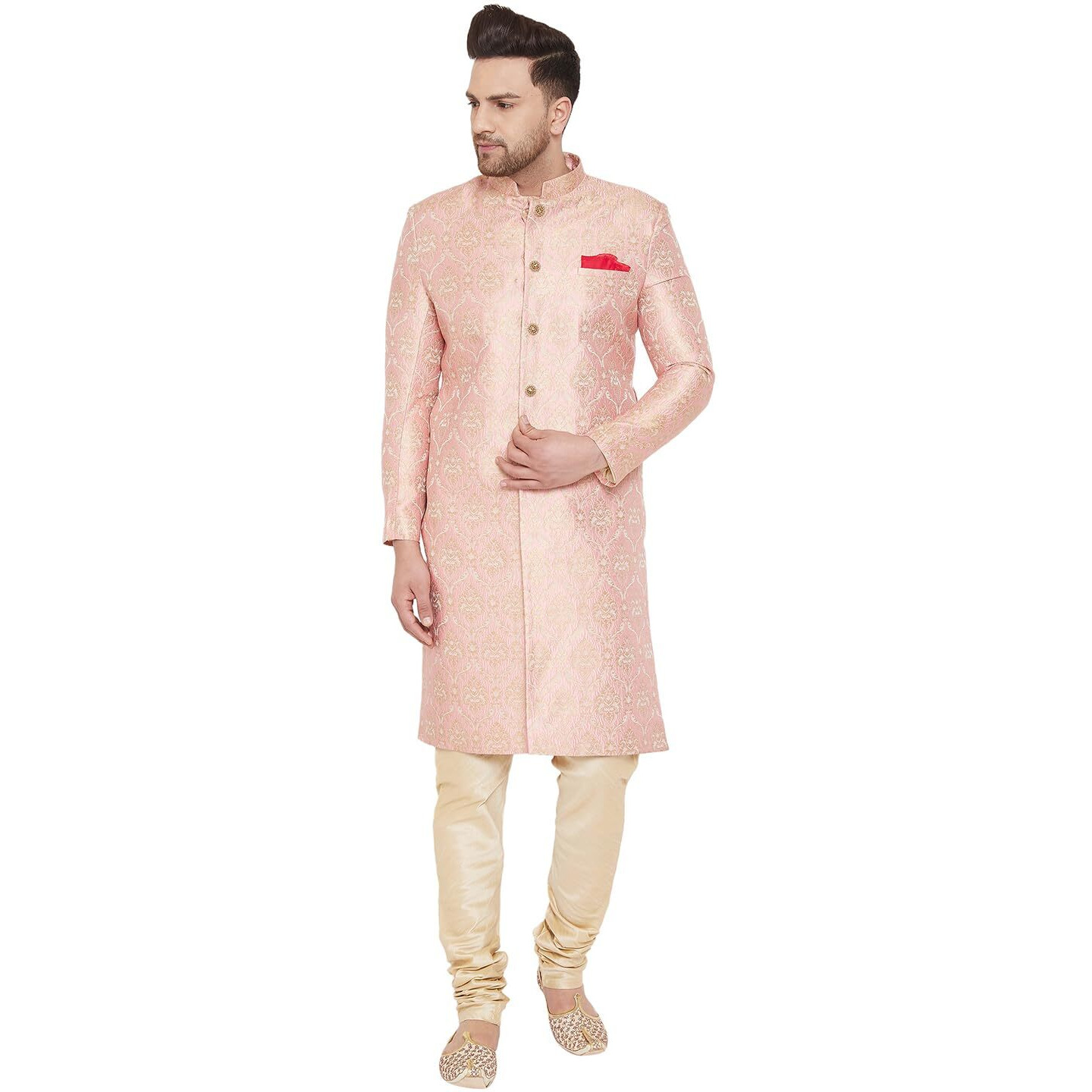 VASTRAMAY Men's Pink And Gold Silk Blend Sherwani Set - Brocade Sherwani And Pyjama Set