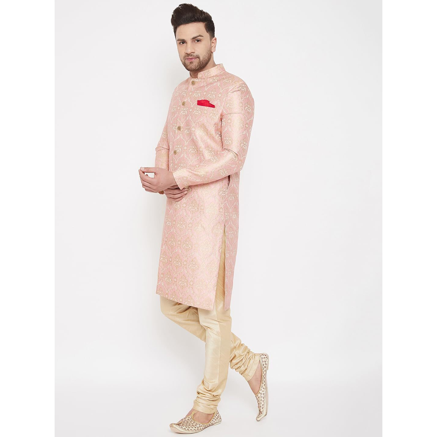 VASTRAMAY Men's Pink And Gold Silk Blend Sherwani Set - Brocade Sherwani And Pyjama Set