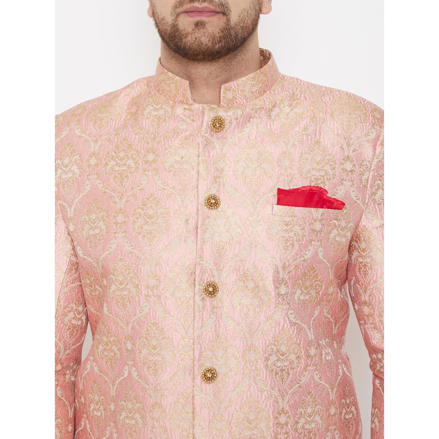 VASTRAMAY Men's Pink And Gold Silk Blend Sherwani Set - Brocade Sherwani And Pyjama Set