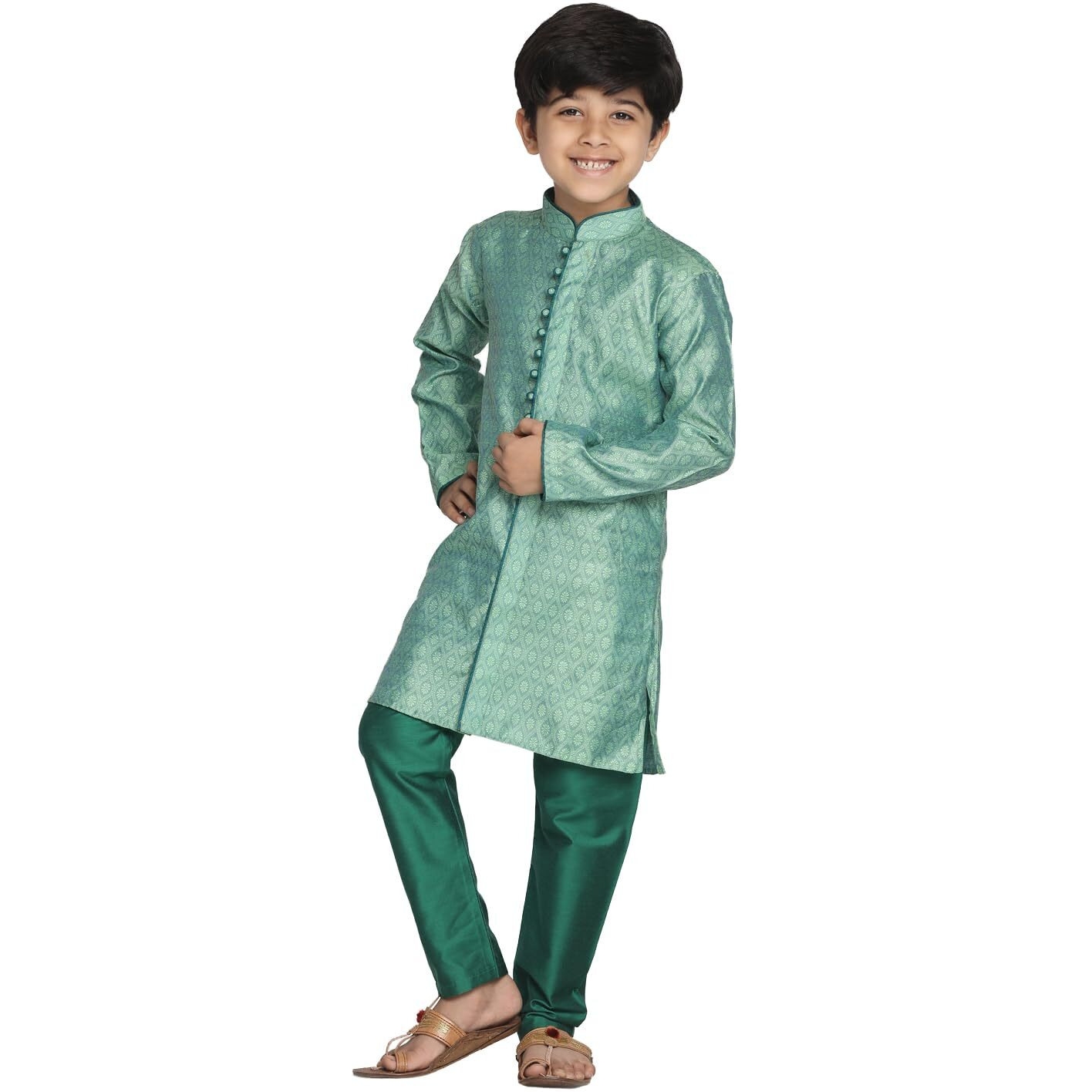 VASTRAMAY Boys' Green Banarasi Silk Jacquard Kurta Pyjama Set  Traditional Ethnic Wear for Weddings, Festivals & Celebrations