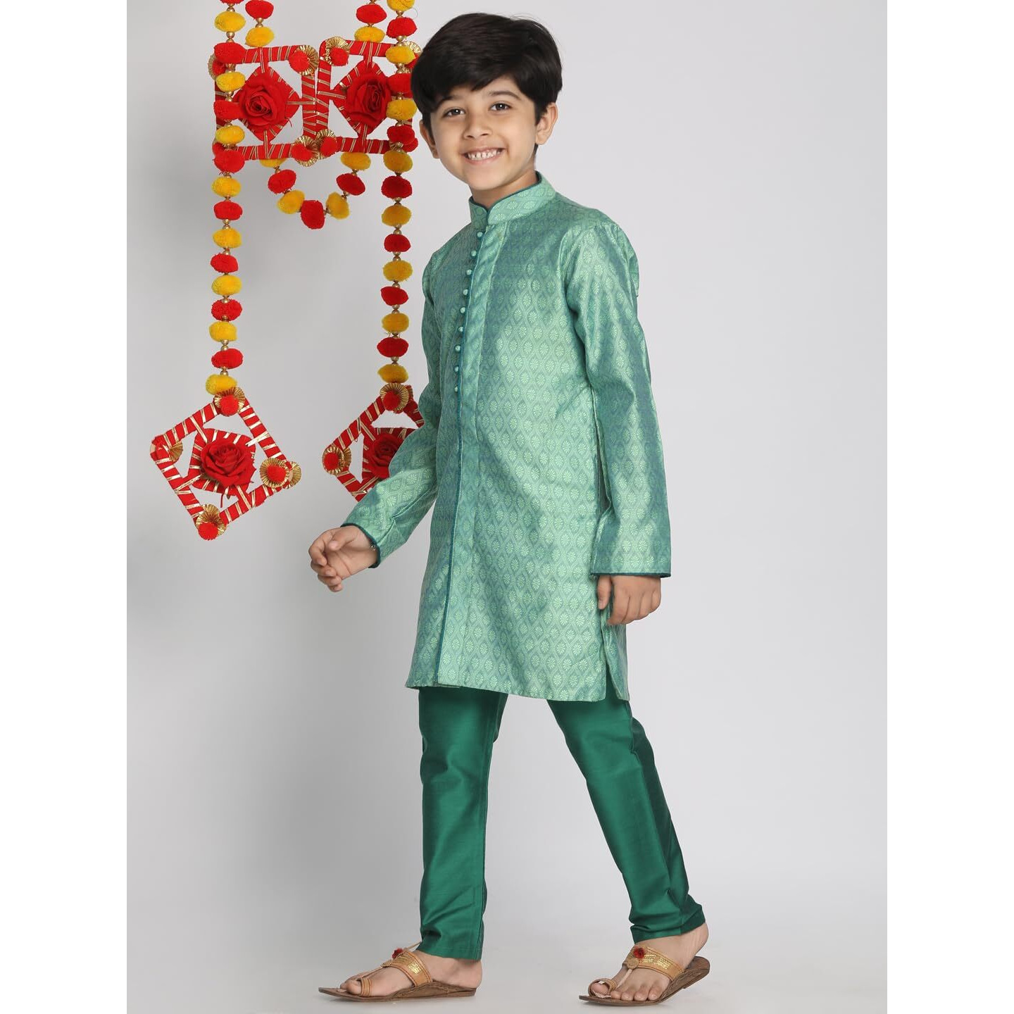 VASTRAMAY Boys' Green Banarasi Silk Jacquard Kurta Pyjama Set  Traditional Ethnic Wear for Weddings, Festivals & Celebrations