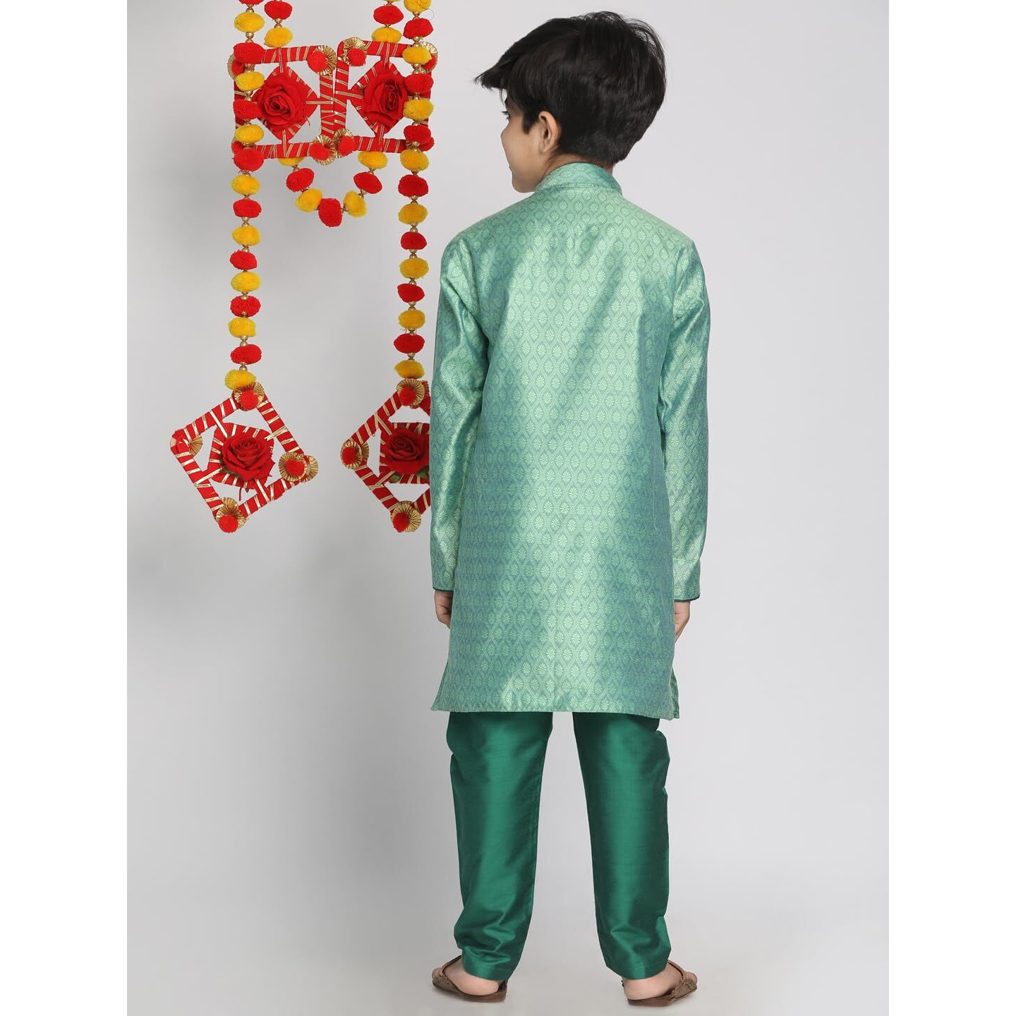 VASTRAMAY Boys' Green Banarasi Silk Jacquard Kurta Pyjama Set  Traditional Ethnic Wear for Weddings, Festivals & Celebrations