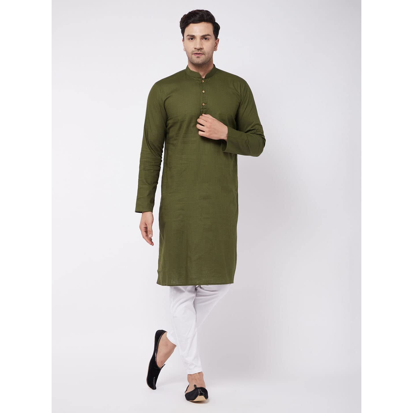VASTRAMAY Men's Green And White Cotton Linen Kurta Pyjama Set-VASMK007MInPANT003WH_38