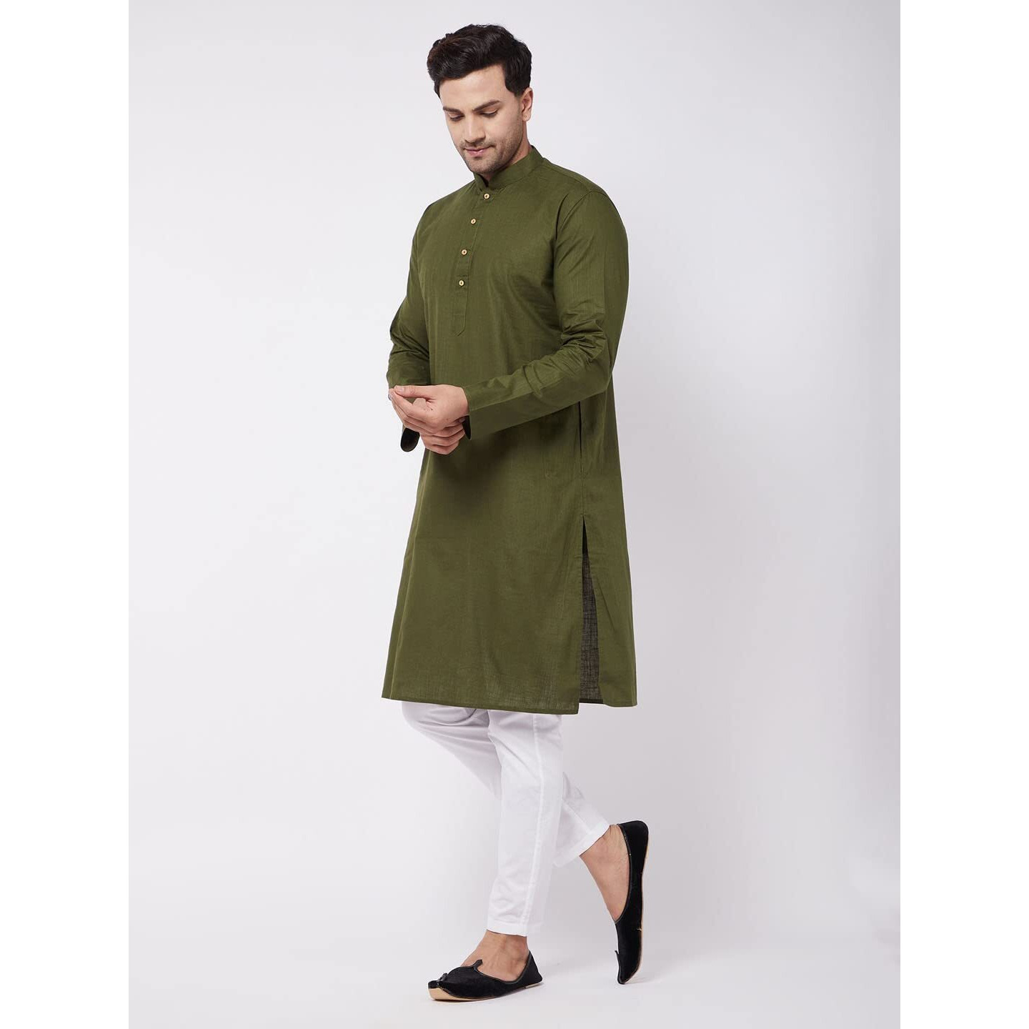 VASTRAMAY Men's Green And White Cotton Linen Kurta Pyjama Set-VASMK007MInPANT003WH_38