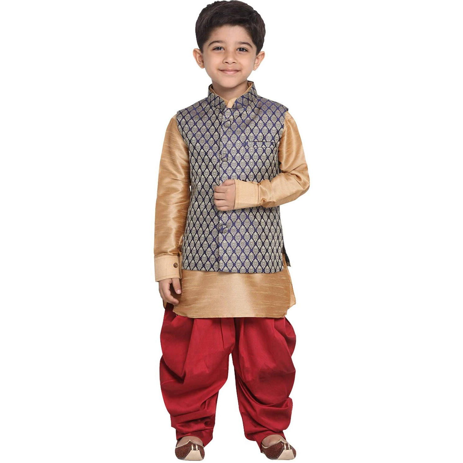 VASTRAMAY Rose Gold Cotton Blend Boys Jacket Kurta & Pyjama Set Dress(6-7 Years)
