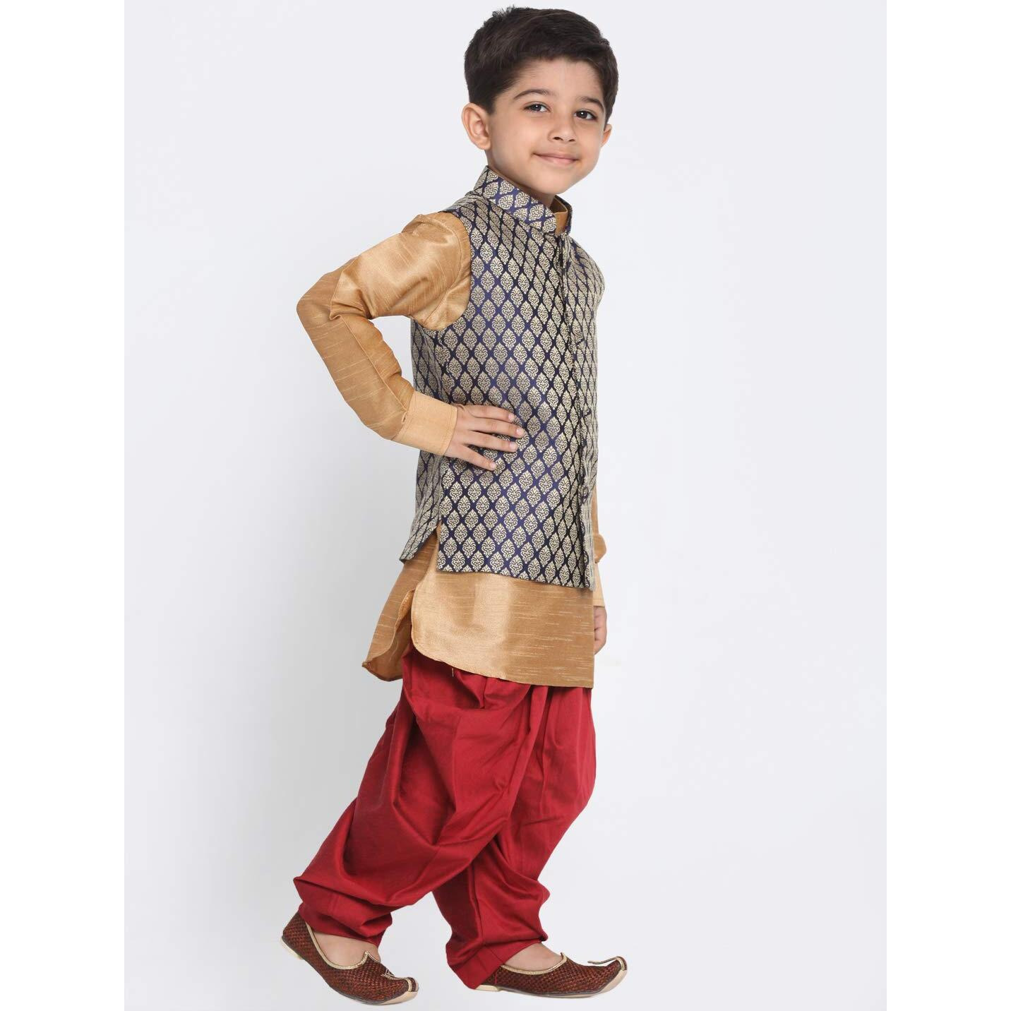 VASTRAMAY Rose Gold Cotton Blend Boys Jacket Kurta & Pyjama Set Dress(6-7 Years)