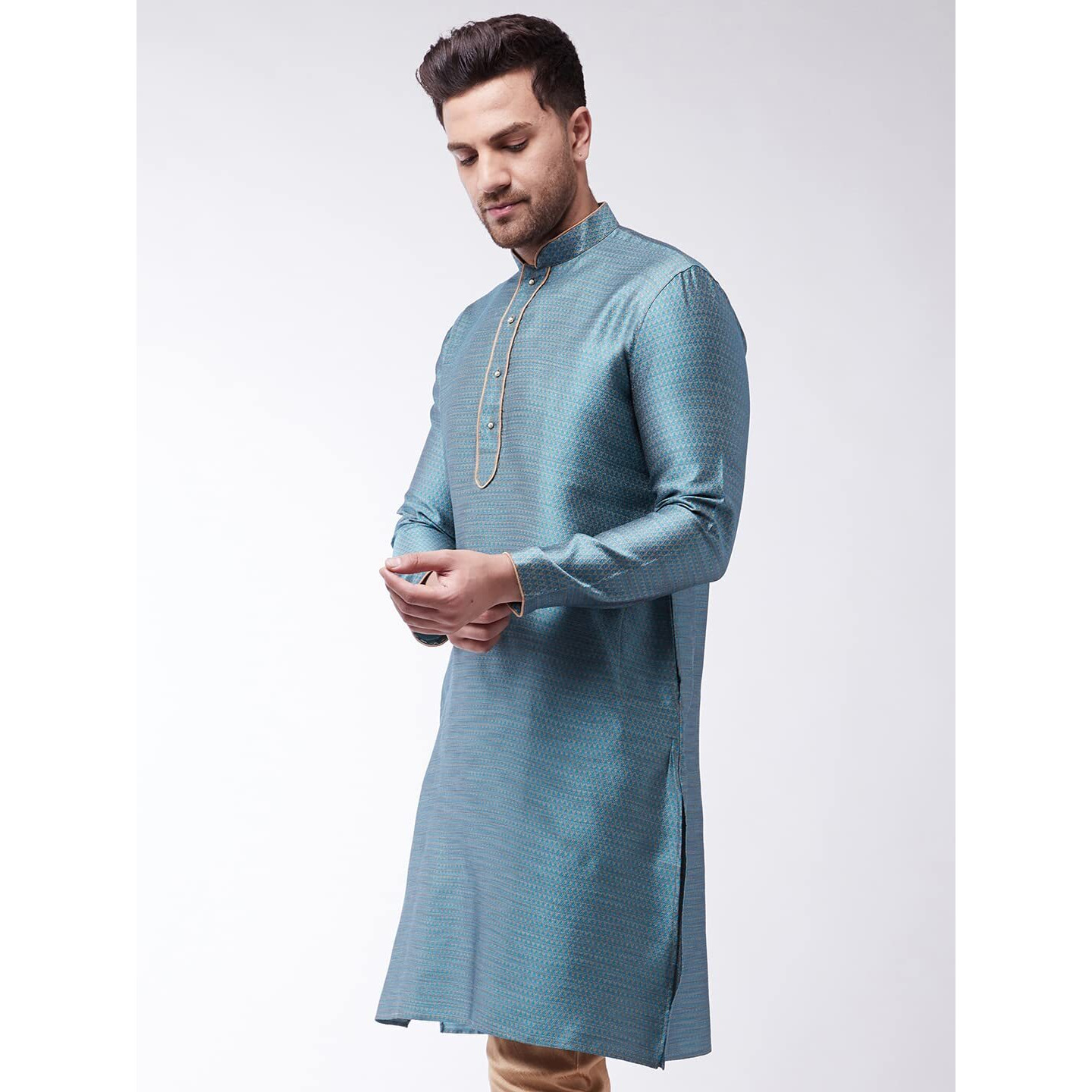 VASTRAMAY Men's Aqua Cotton Silk Blend Kurta_VASMK047AQ_40