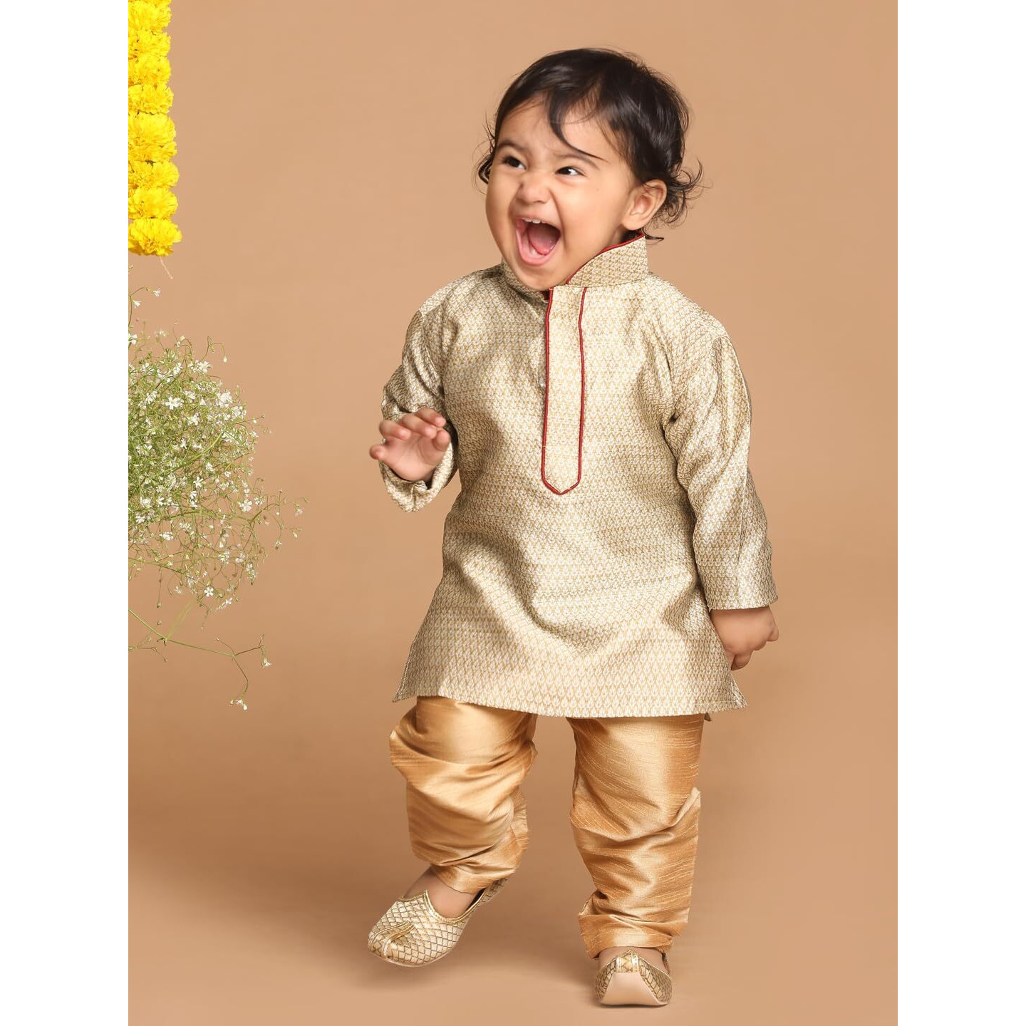 VASTRAMAY Infant Boys Beige and Rose Gold Silk Blend Kurta Pyjama Set_VSHISBK047BGnPRG_14