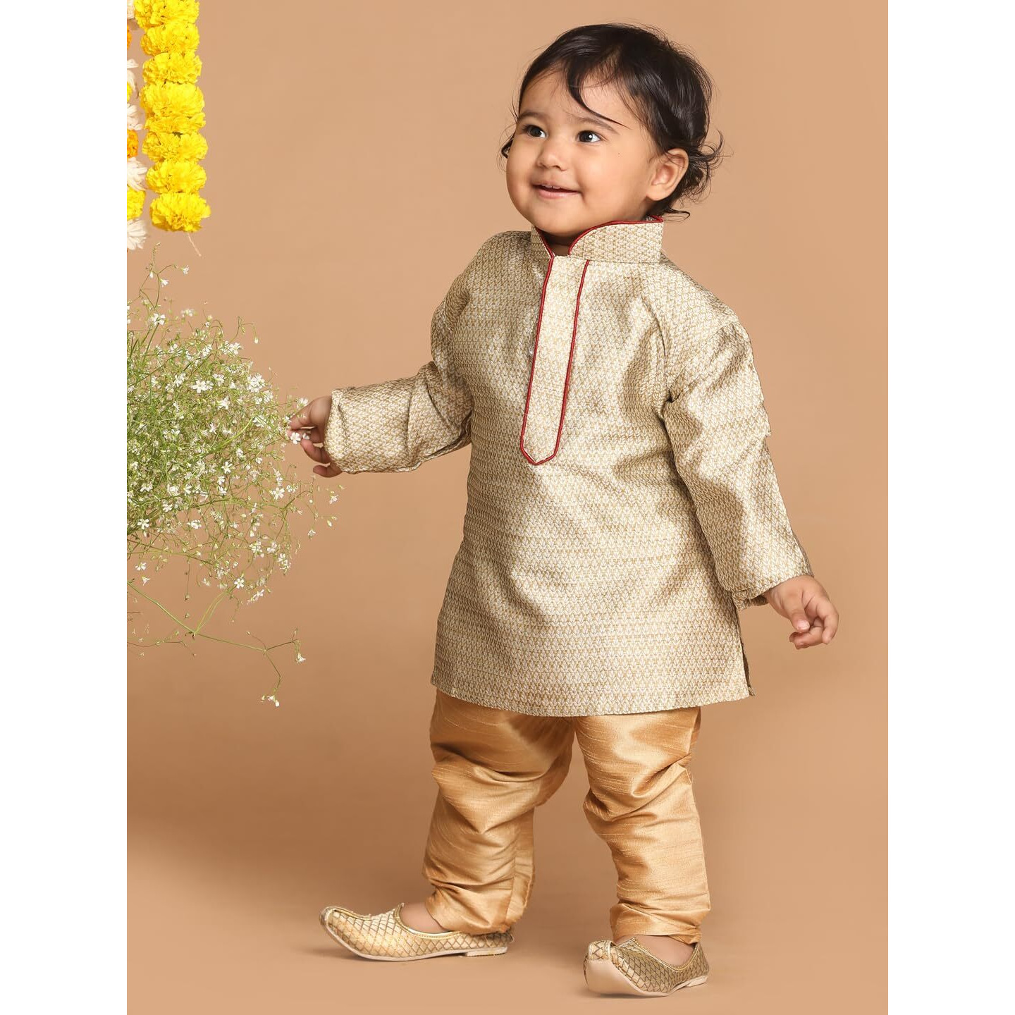VASTRAMAY Infant Boys Beige and Rose Gold Silk Blend Kurta Pyjama Set_VSHISBK047BGnPRG_14
