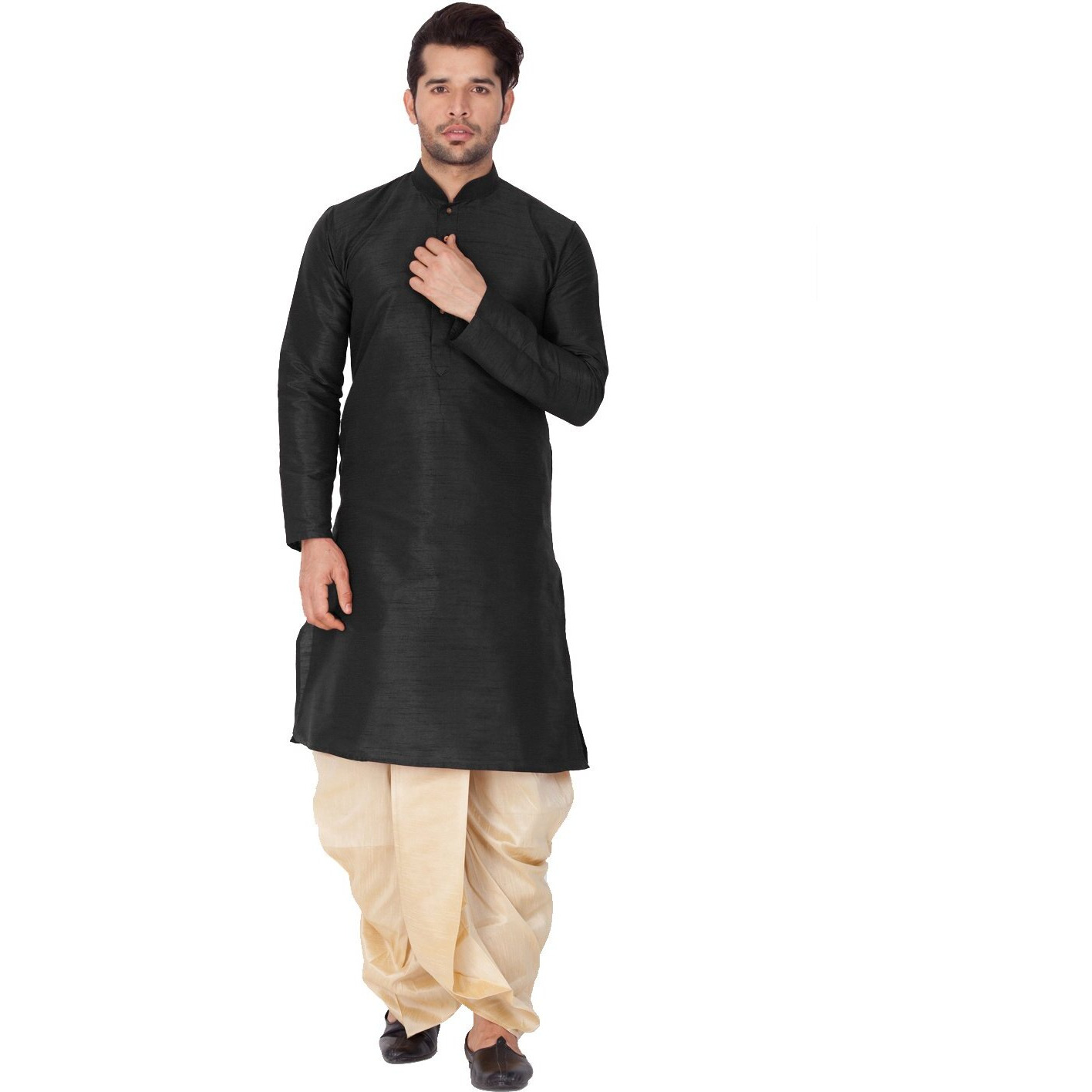 VASTRAMAY Men Cotton Silk Kurta and Dhoti Pant Set (Black_VASMKBL001nDTGO_40)