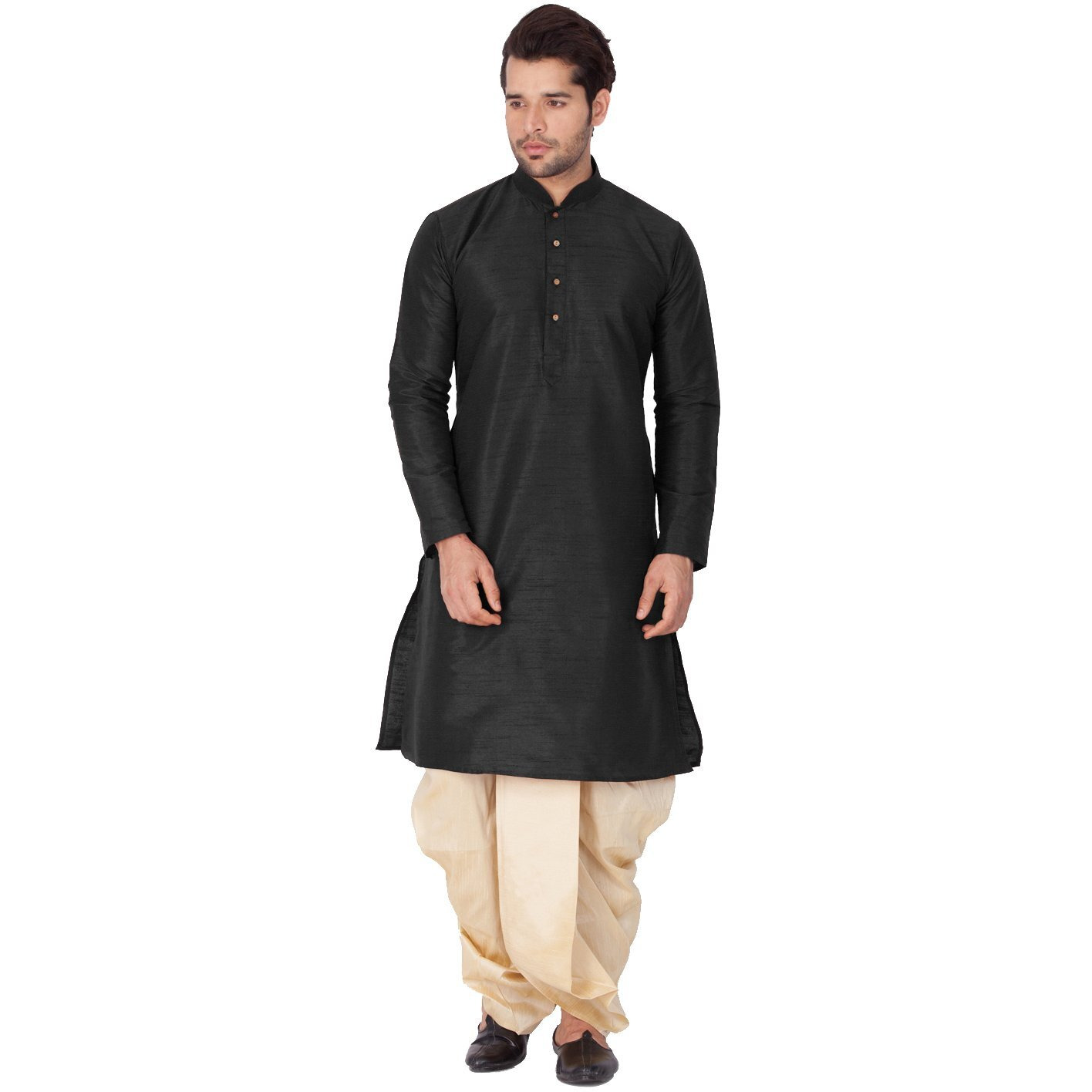 VASTRAMAY Men Cotton Silk Kurta and Dhoti Pant Set (Black_VASMKBL001nDTGO_40)