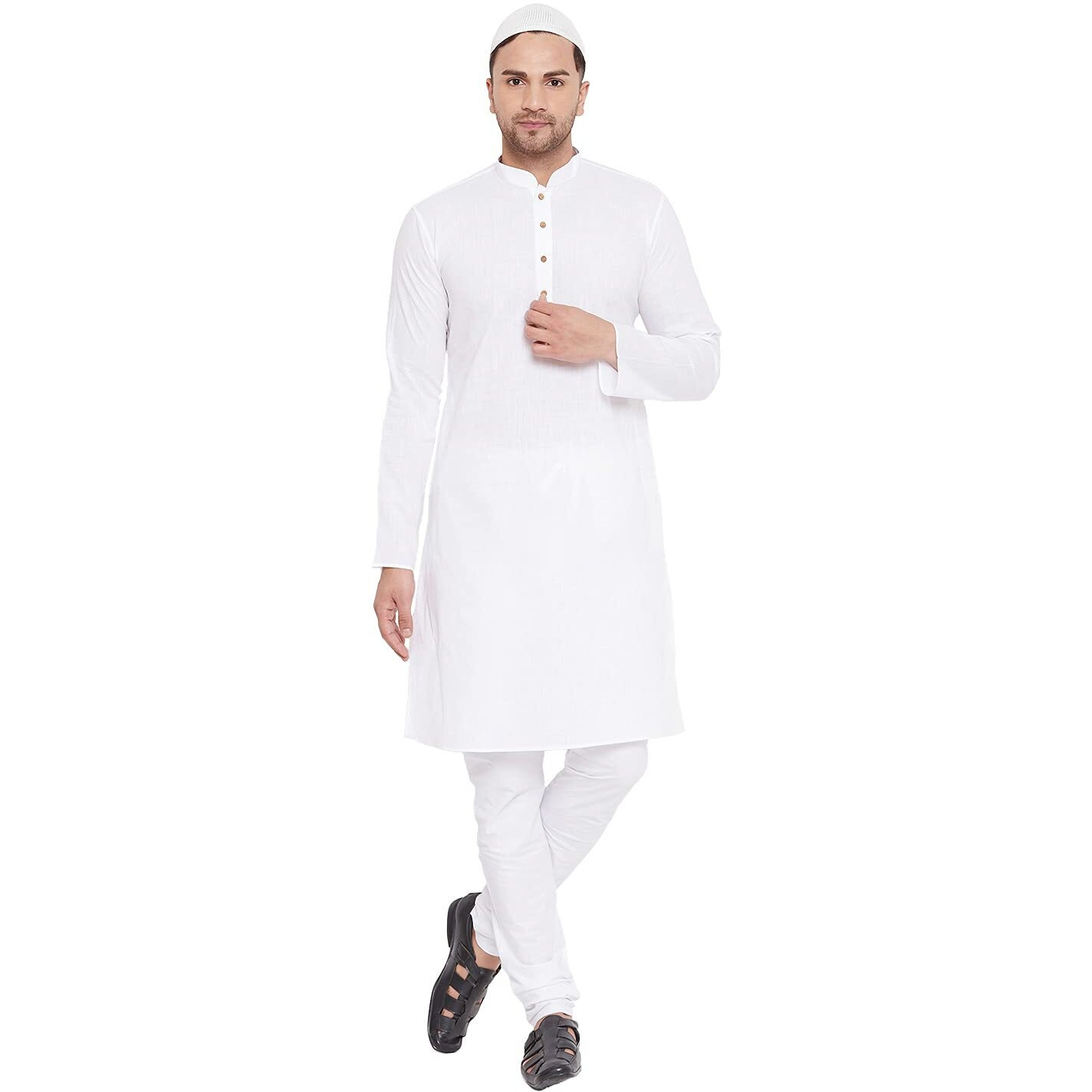 VASTRAMAY Men's White Cotton Linen Blend Kurta Pyjama Set (VASMK007WHnPCWHnC_40)