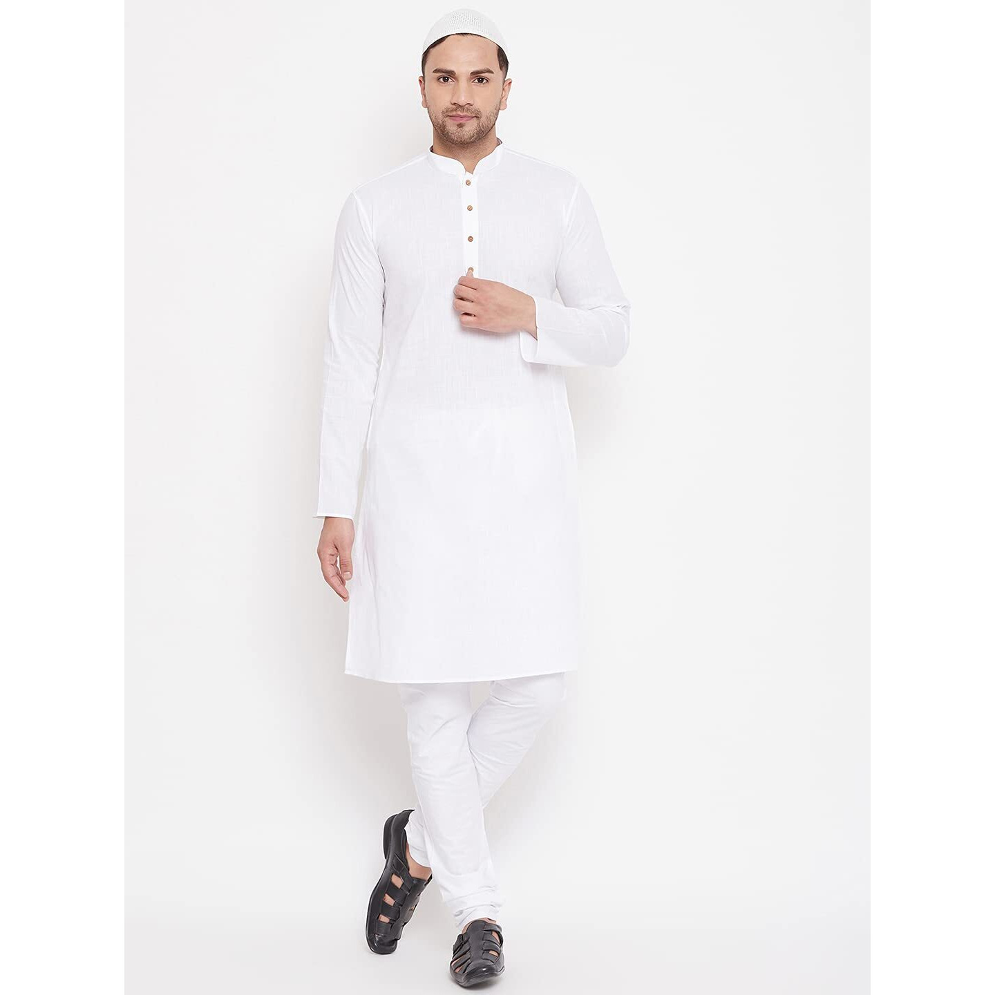 VASTRAMAY Men's White Cotton Linen Blend Kurta Pyjama Set (VASMK007WHnPCWHnC_40)