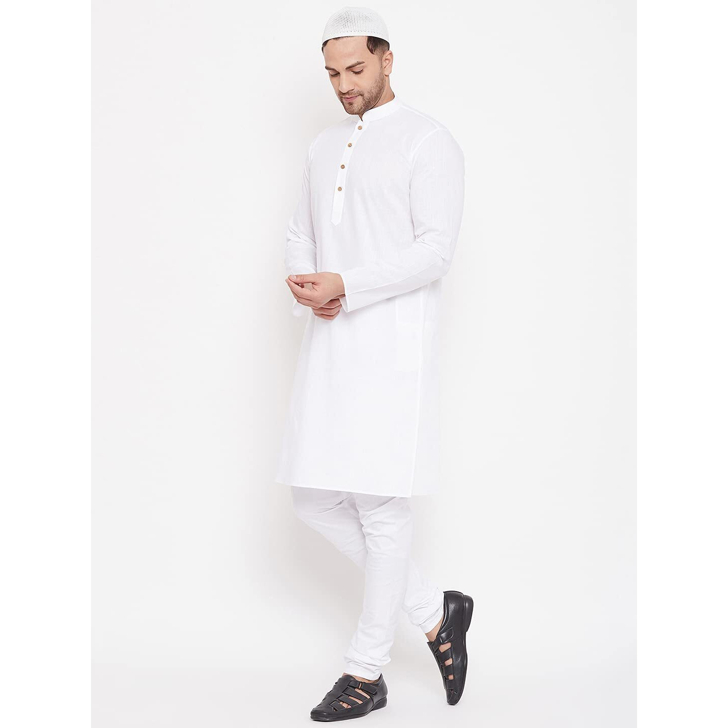 VASTRAMAY Men's White Cotton Linen Blend Kurta Pyjama Set (VASMK007WHnPCWHnC_40)