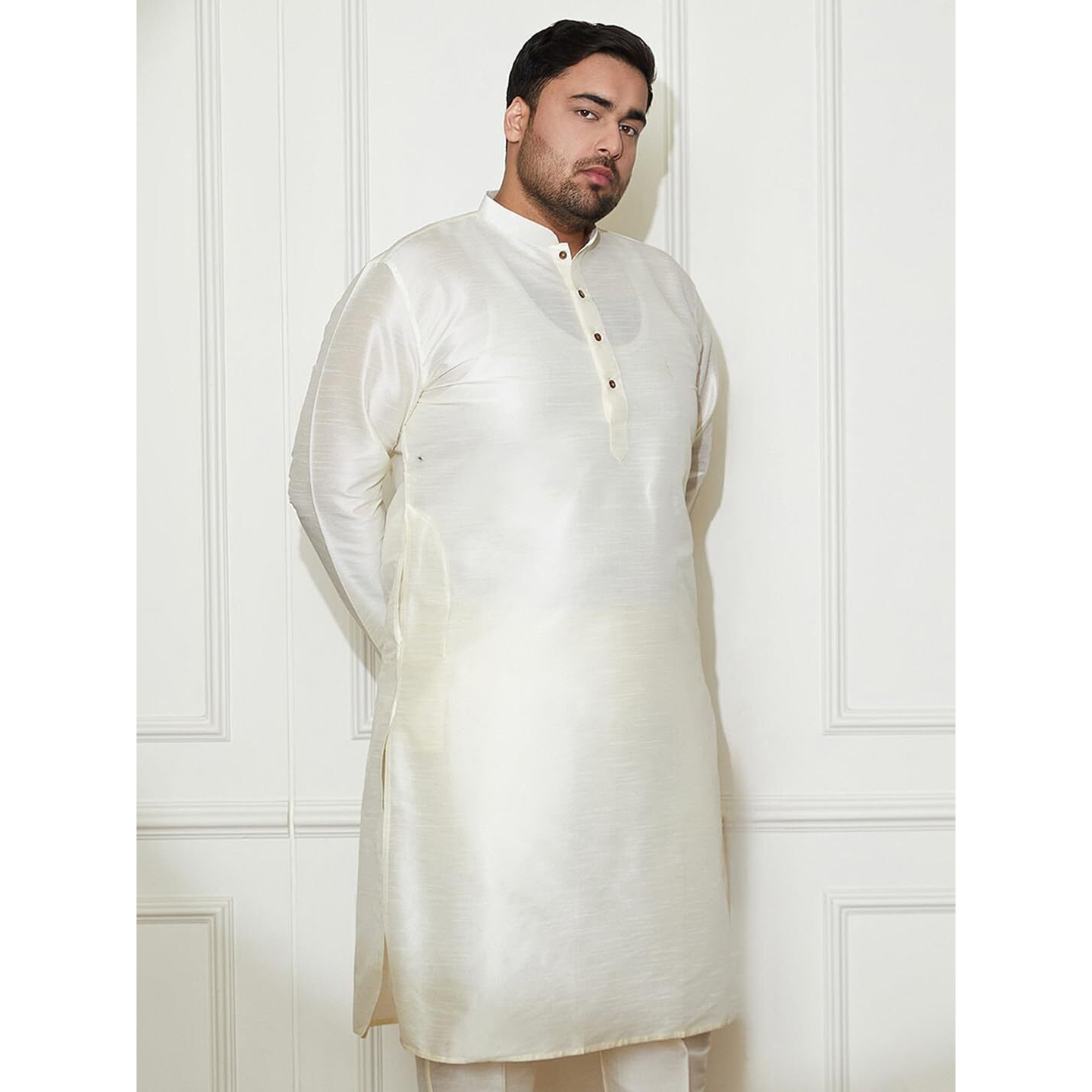 VASTRAMAY Plus Mens Silk Blend Cream Kurta - Elegance for Festivals & Events_VPLUSMK001CR_46
