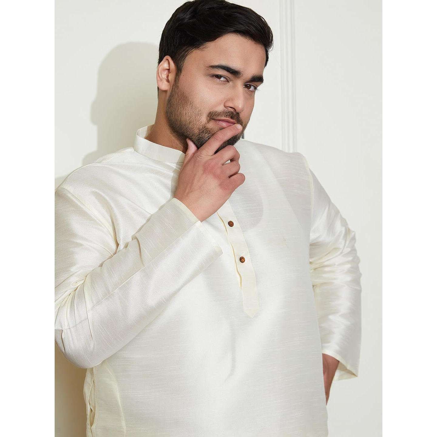 VASTRAMAY Plus Mens Silk Blend Cream Kurta - Elegance for Festivals & Events_VPLUSMK001CR_46