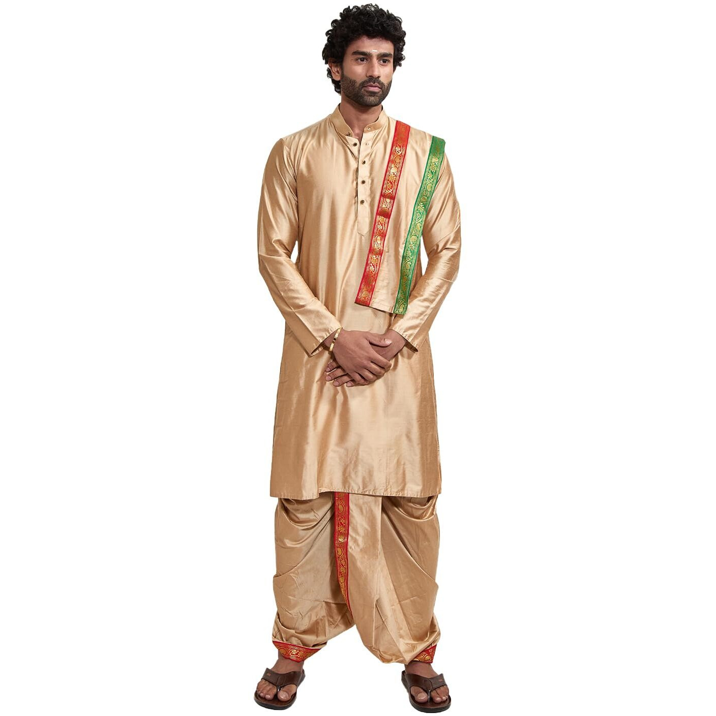 VASTRAMAY Mens' Rose Gold Cotton Blend Kurta Dhoti And Dupatta_VASMDK007RG_38