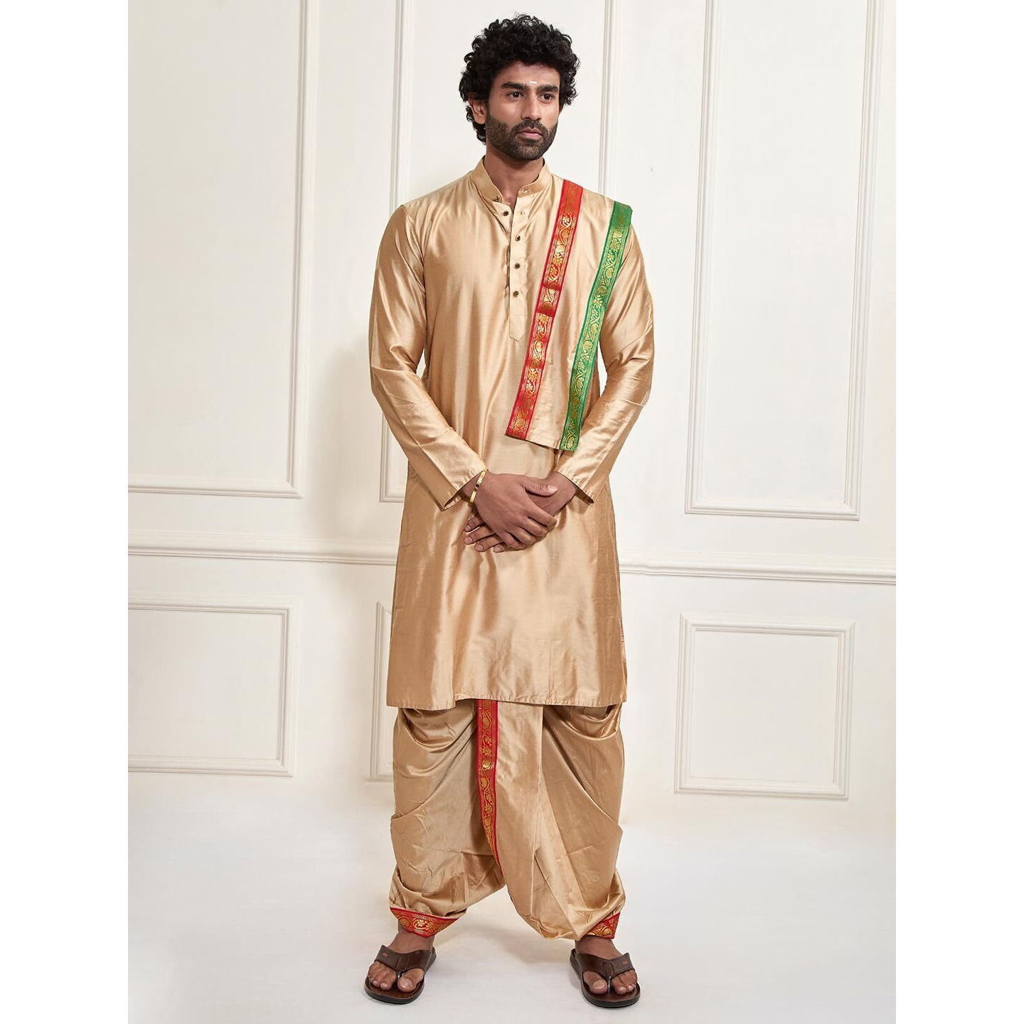 VASTRAMAY Mens' Rose Gold Cotton Blend Kurta Dhoti And Dupatta_VASMDK007RG_38