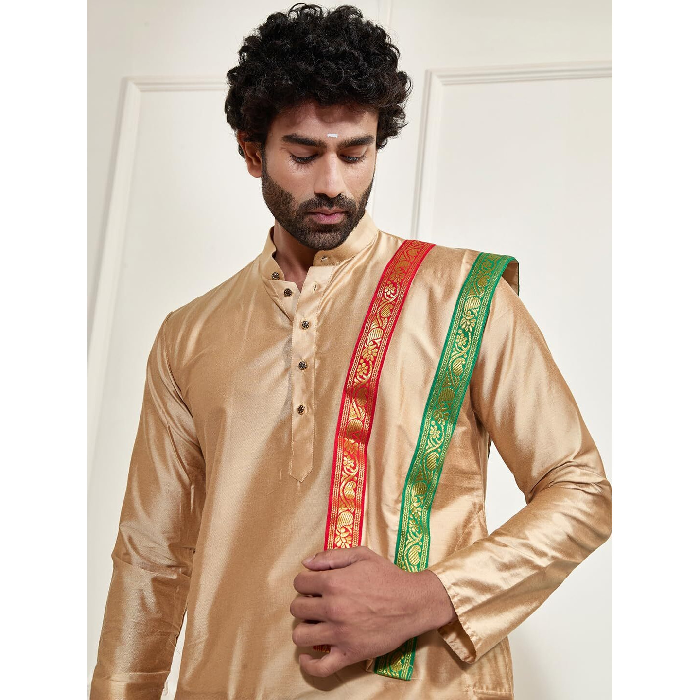 VASTRAMAY Mens' Rose Gold Cotton Blend Kurta Dhoti And Dupatta_VASMDK007RG_38