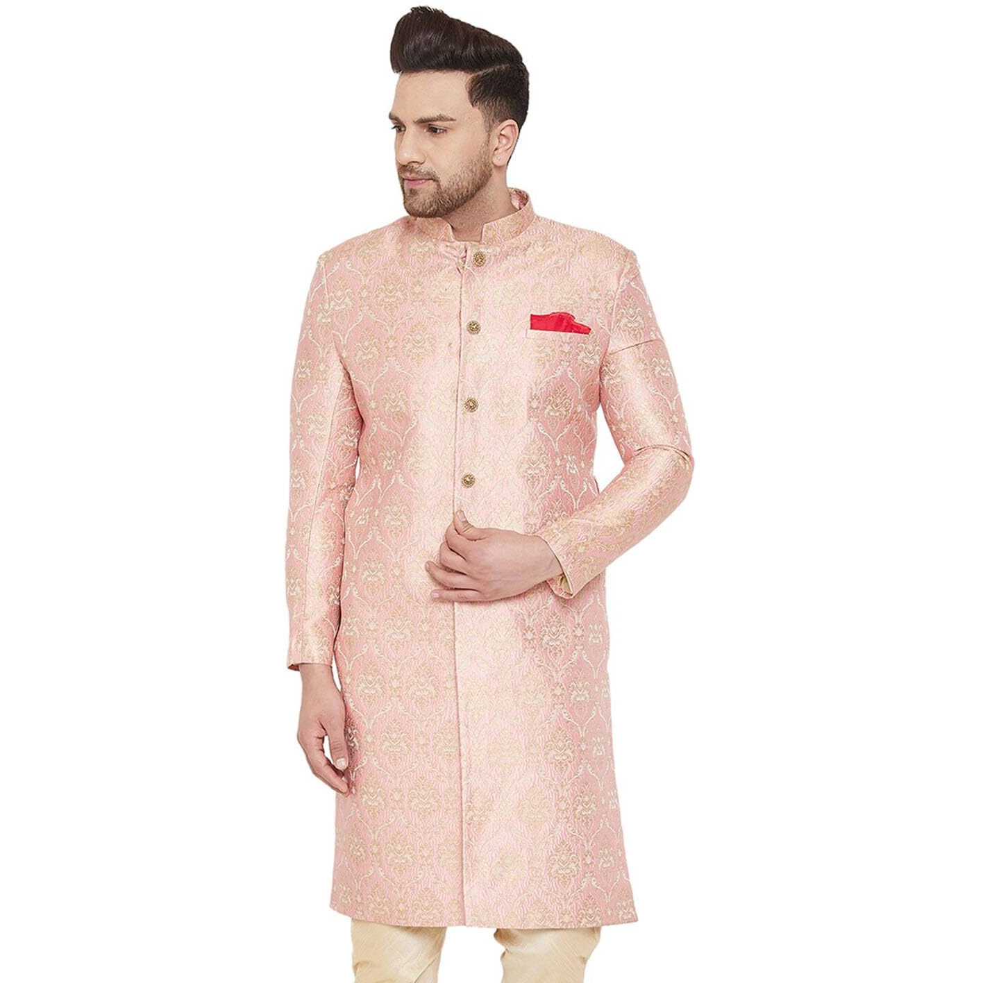 VASTRAMAY Men's Pink Silk Blend Sherwani Only Top - Brocade Sherwani