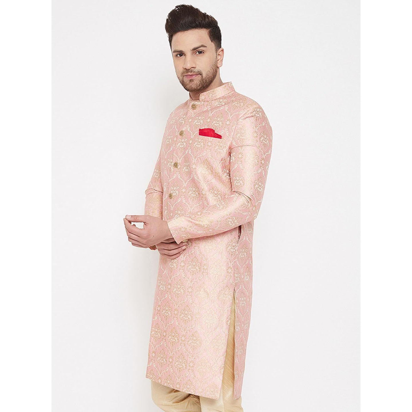 VASTRAMAY Men's Pink Silk Blend Sherwani Only Top - Brocade Sherwani
