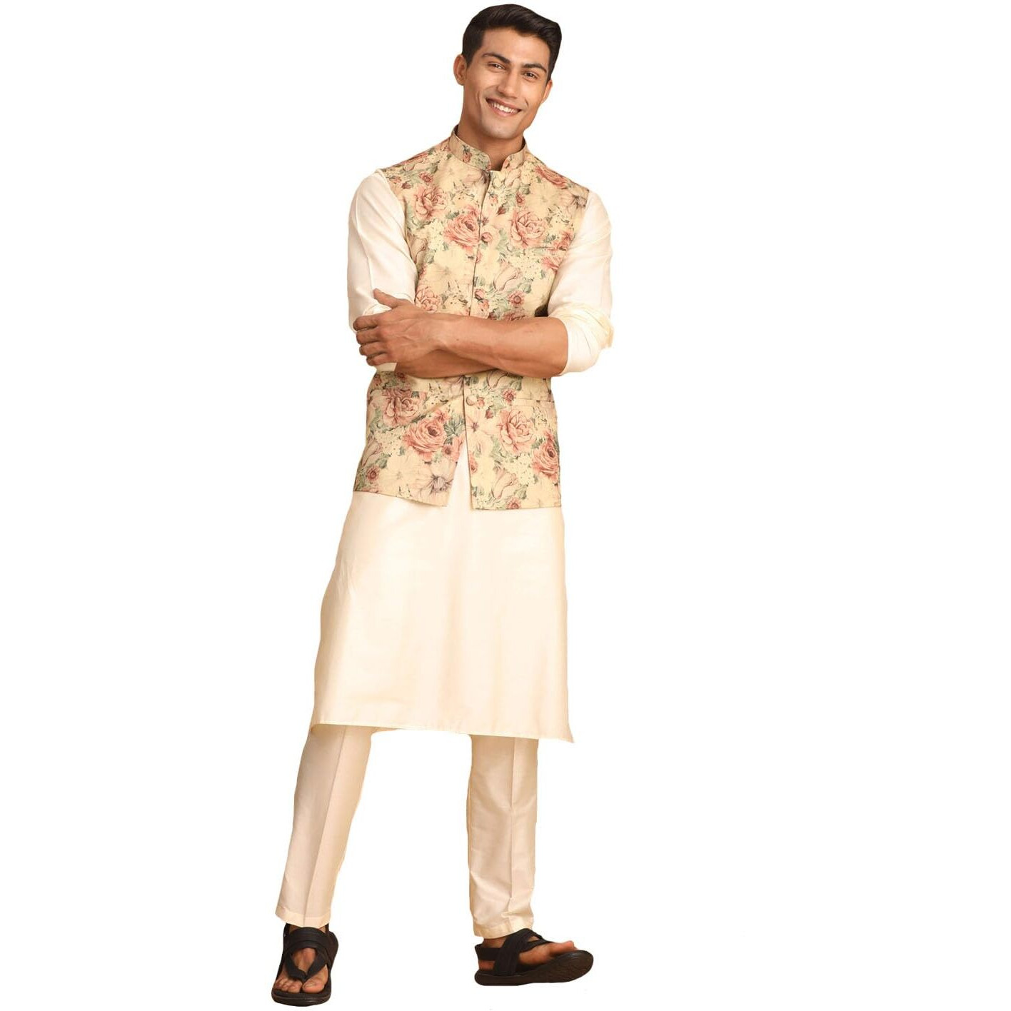 VASTRAMAY Classic Flower Print Silk Blend Printed Nehru Jacket with Kurta and Pant Style Pyjama  Elegant Ethnic Wear for Men