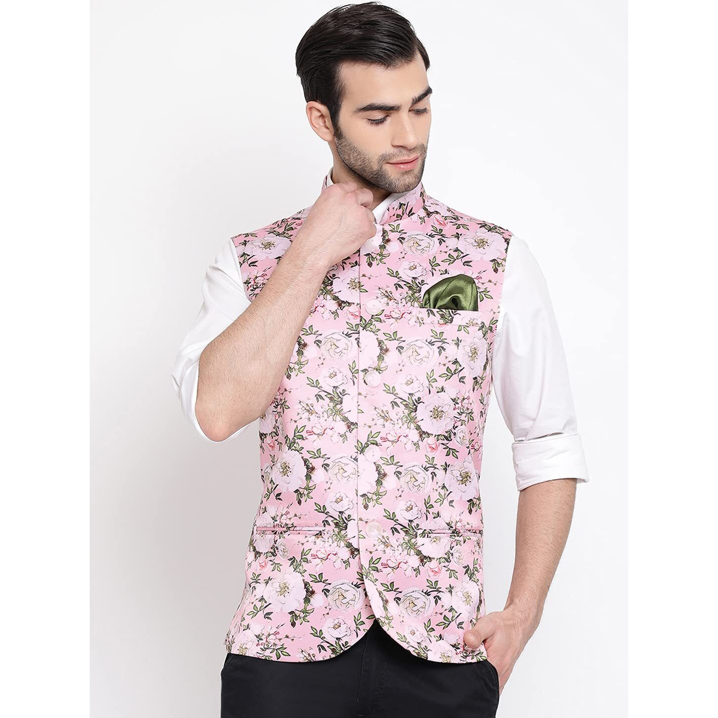 VASTRAMAY Mens Silk Blend Pink Nehru Jacket - Timeless Style & Versatility | Digital Floral Printed Ethnic Sleeveless Coat for Formal & Casual Wear_VASMJ055PN_36