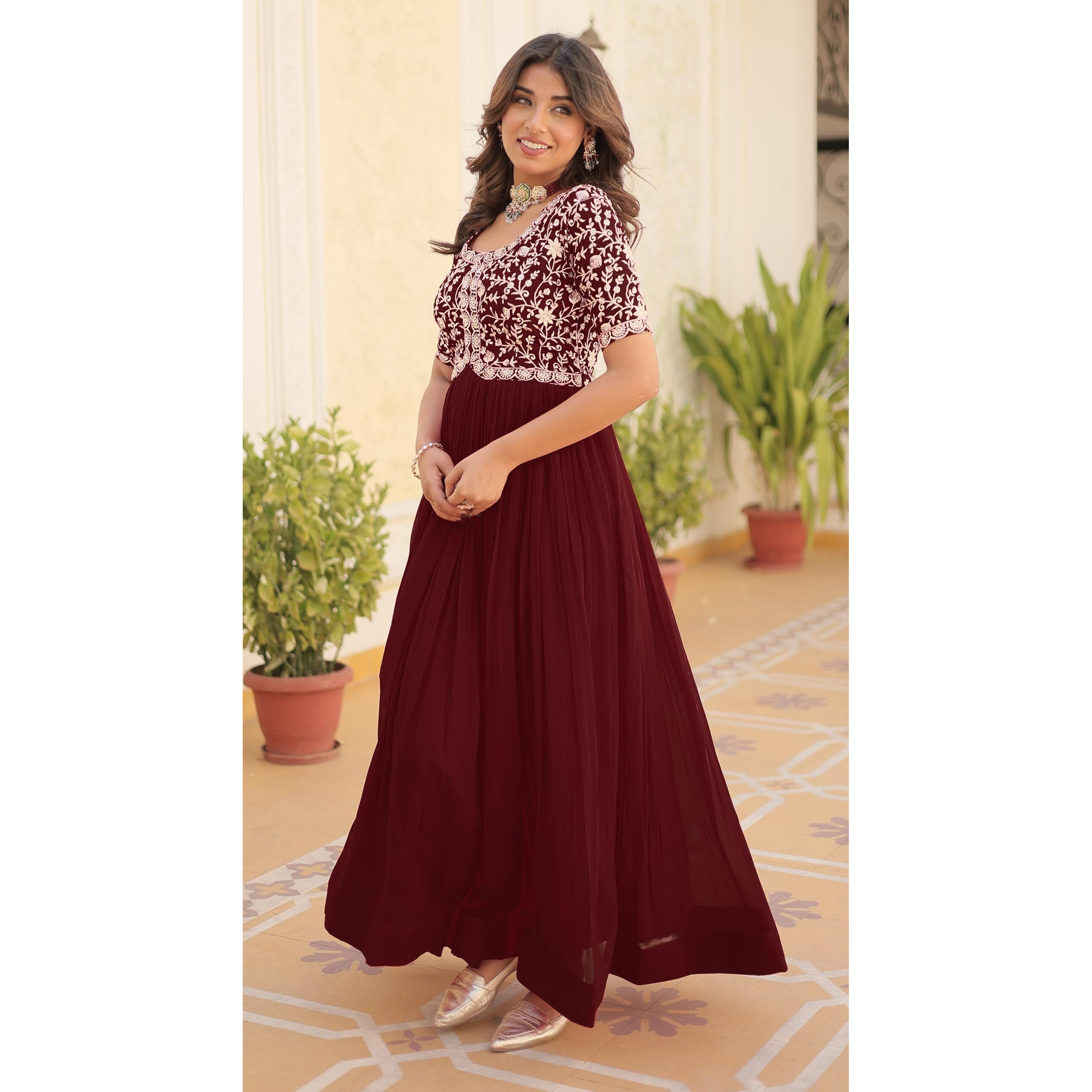 Wedani Georgette Anarkali Gown with Embroidered Top for Women (in, Alpha, 2XL, Regular, Maroon)