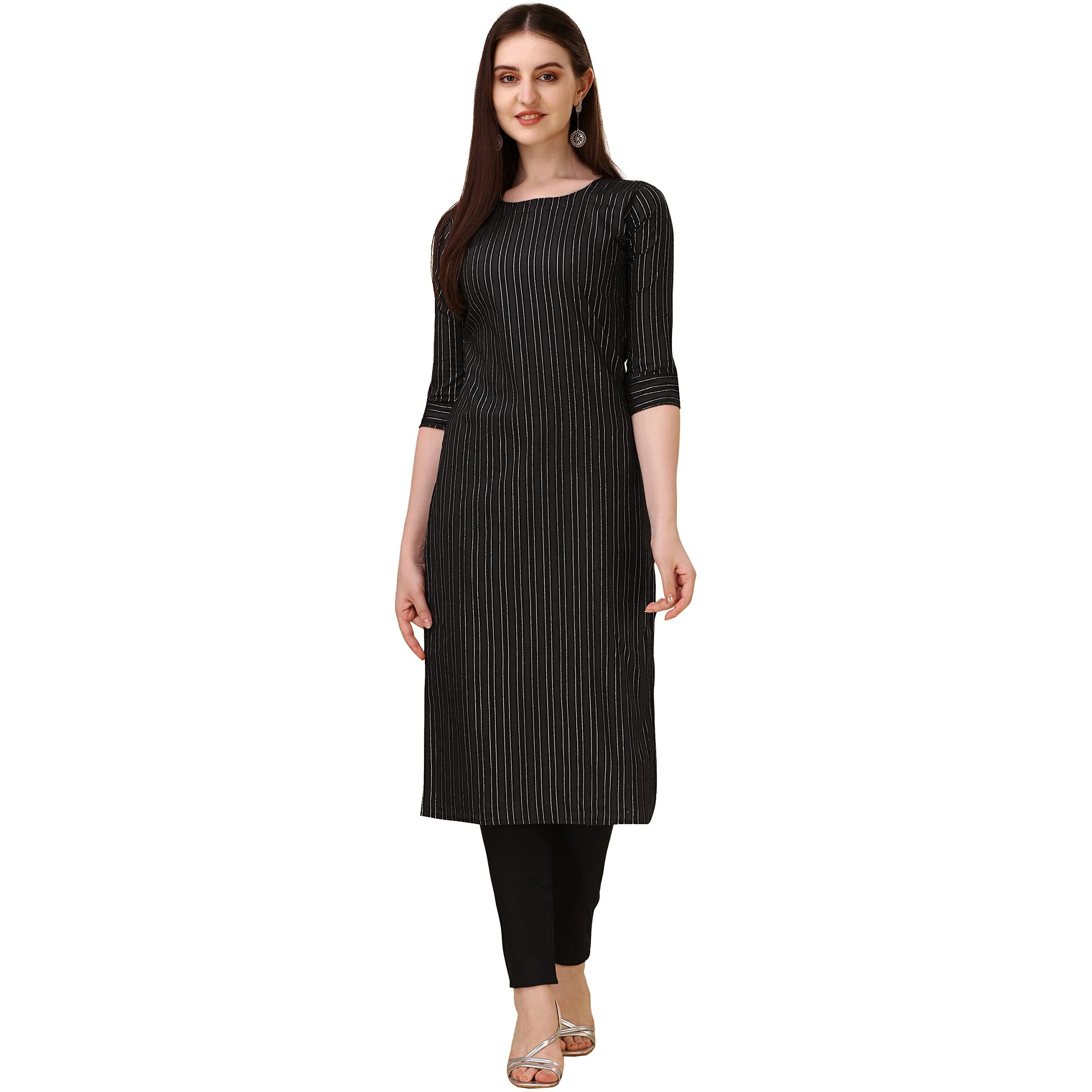 Wedani Women's Cotton Round Neck Casual wear Straight Kurta (KRT514) (Black, X-Large)