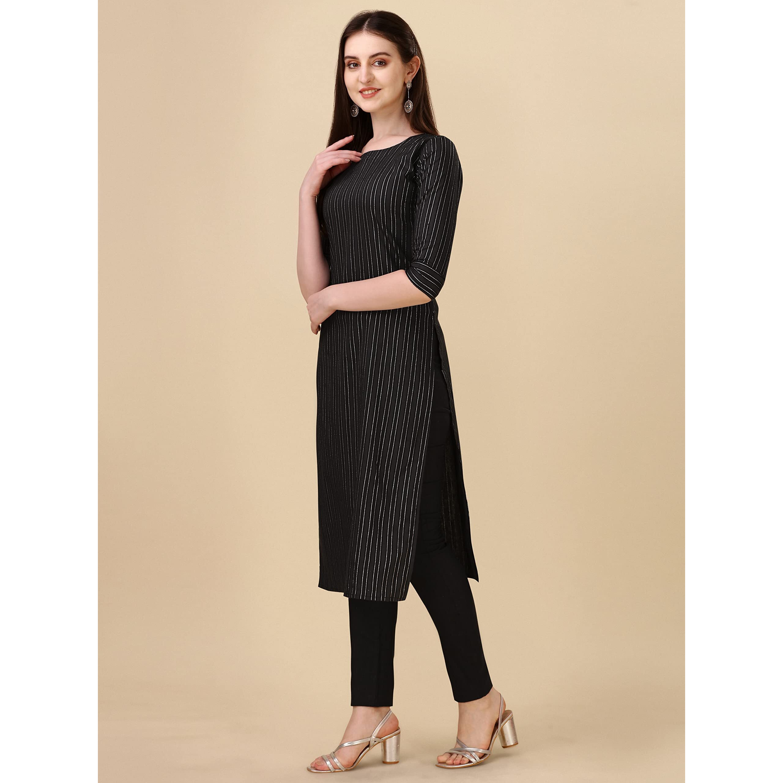Wedani Women's Cotton Round Neck Casual wear Straight Kurta (KRT514) (Black, X-Large)